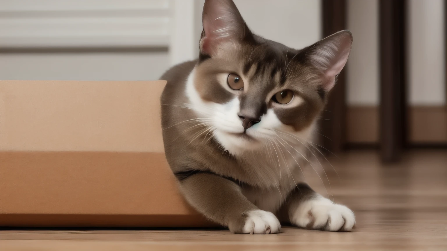 hyper ultra realistic photographs full body of A curious Siamese cat squeezes himself into a cardboard box that's clearly too small. He emerges, looking like a furry, disgruntled loaf of bread, with a box stuck firmly on his head. He stumbles around, bumping into furniture until a helpful human intervenes. ratio 16:9, 4k, 8k resolution, High quality photo, high detailed, imagesharp focus, Cinematic lighting,hyperdetailed & Unreal engine, detail, realism, photography,cinematography, camera NIKON, lens NIKKOR flagship, masterpiece. hyper-maximalism, ultradetailed photorealistic, light skin imperfections, final render, vray, photo, fashion