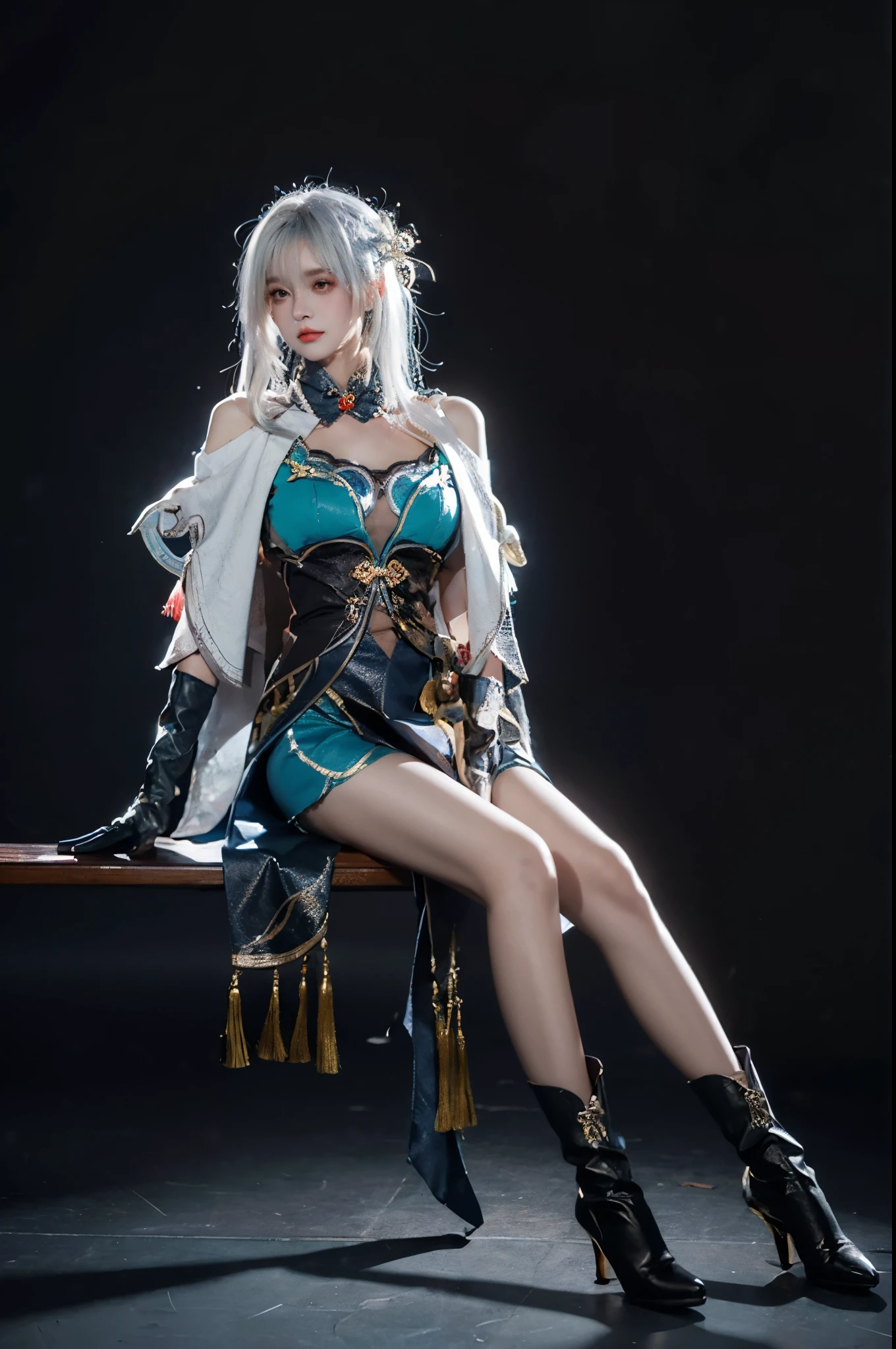 best quality, masterpiece, lifelike, 1 girl, alone, whole body, permanent, hair between eyes, arm by side, jingliu role play costume, white hair, role play, skirt, Chinese clothes, boots, high-heel boots, Detached sleeves, elbow Gloves, Gloves, hair accessories, simple background, 