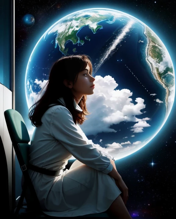 Woman sitting at the window and looking at the earth, Staring into space, Looking into space, Windows to the space behind them, world seen only through a portal, Inspired by Cyril Rolland, entrance to space, in the astral world ) ) ), girl stares into space, sitting on a cosmic cloudscape, Fantasy space, science fiction arts