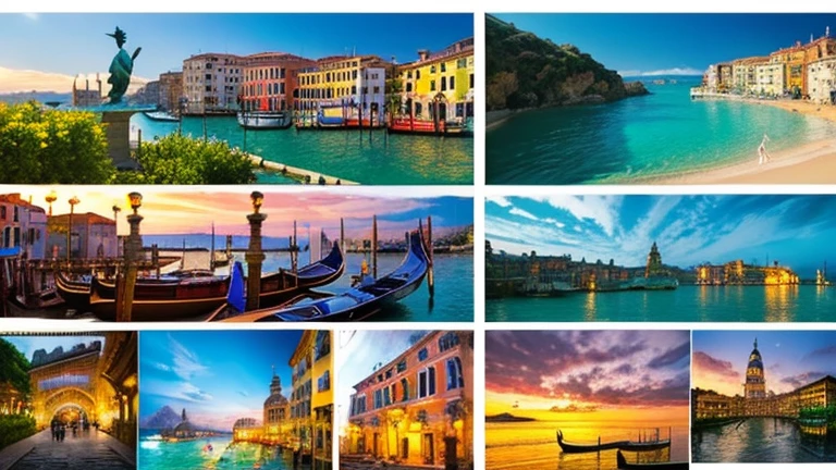 Create a tupage banner with beautiful scenery, landmarks of four countries, four pictures smoothly transition into one another, England, Italy, Spain, France, Venice, Greece, there is a girl guide in the background, pointing with her hand at pictures of travel package advertisements