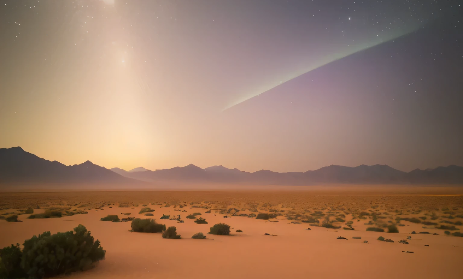 Starry sky at night,nebula,Stars,aurora,北aurora,low vanishing point,Low angle viewing angle,look up to,{{{masterpiece}}}、{{best quality、A super detailed illustration、beautiful fine sand}}、{very delicate light}、{nature、}、{{Delicate starry sky、more transparent stars、high quality gravel、Quality mountains、very fine 8KCG wallpaper}}、(desert场景)、((street office))、sunrise、randomly distributed clouds、(desert)、plain、(rain)、((sandstorm)),glowing particles,Low angle viewing angle,Road,Low angle viewing angle,low vanishing point
