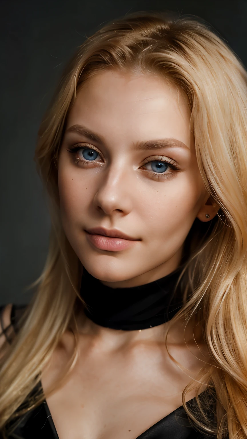 close up portrait of a gorgeos charismatic blonde skinny 29 years old russian woman, seductive eyes, slightly smiling, symetric face , looking straight into the camera, drawing attention to her, studio lighting.