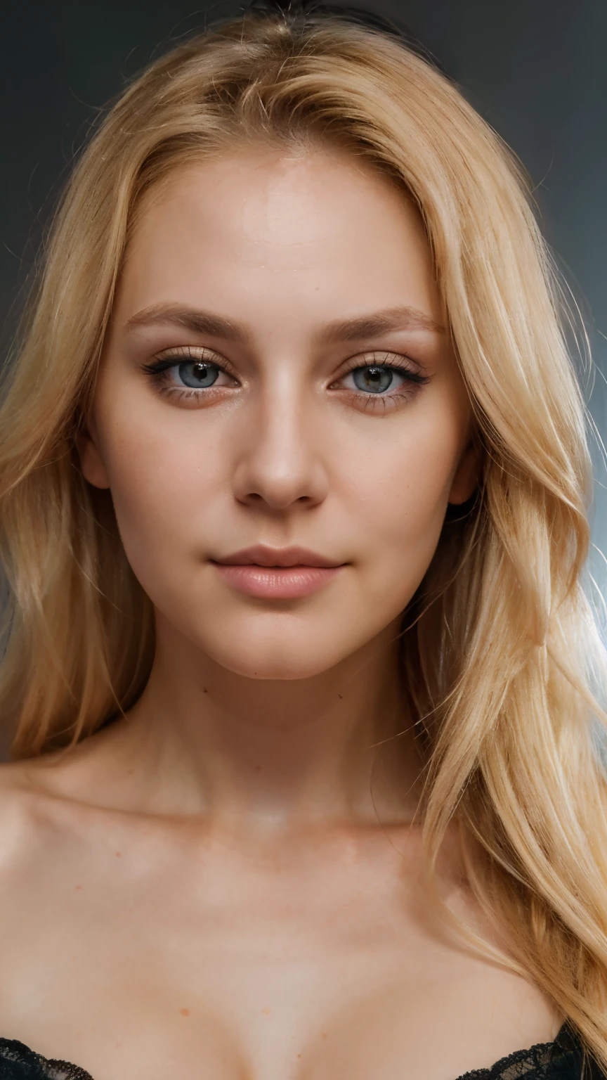 close up portrait of a gorgeos charismatic blonde skinny 29 years old russian woman, seductive eyes, slightly smiling, symetric face , looking straight into the camera, drawing attention to her, studio lighting.