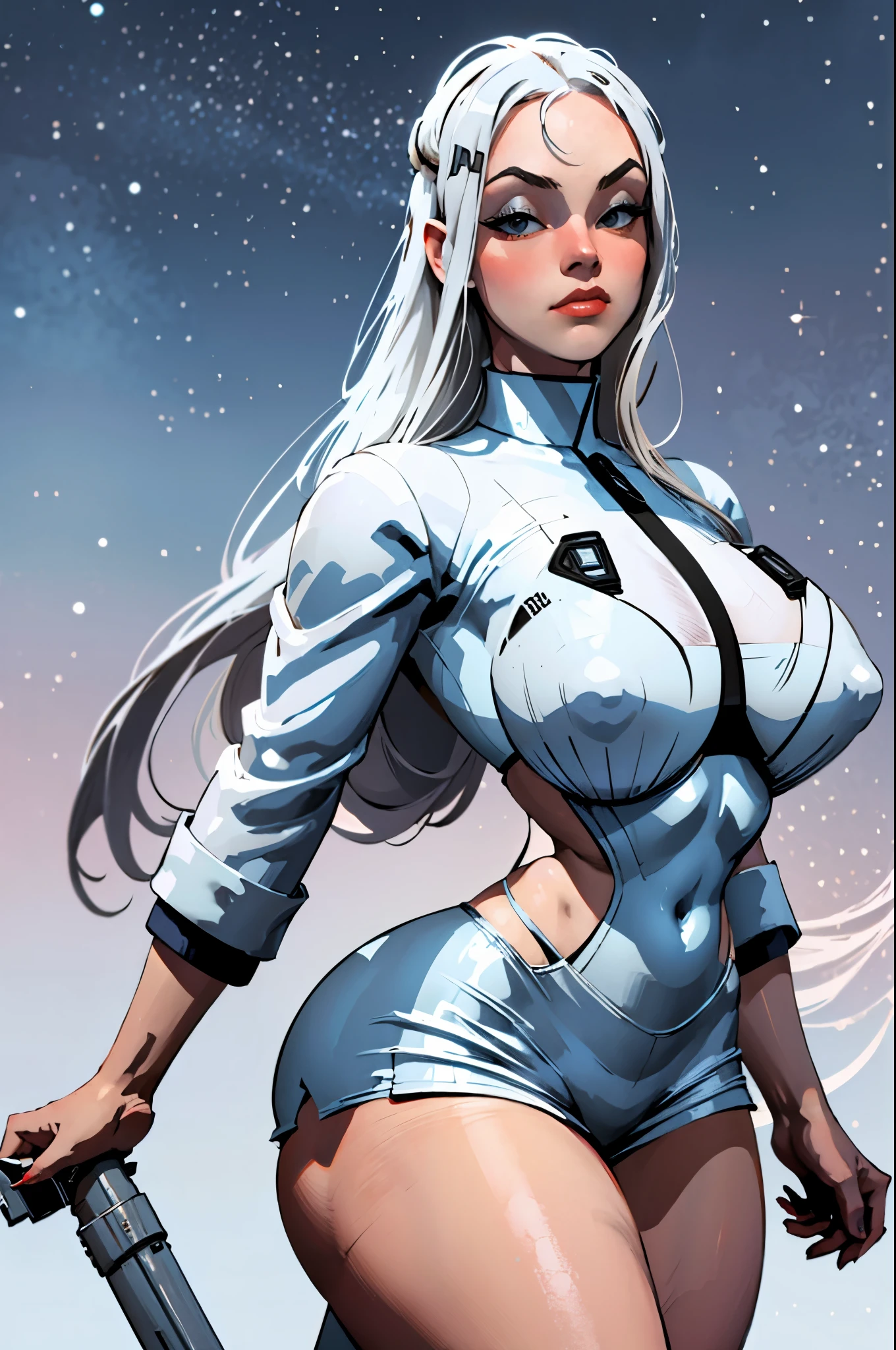 1monk warrior girl with white techwear clothes, white long hair, laces, abstract vintage scifi background