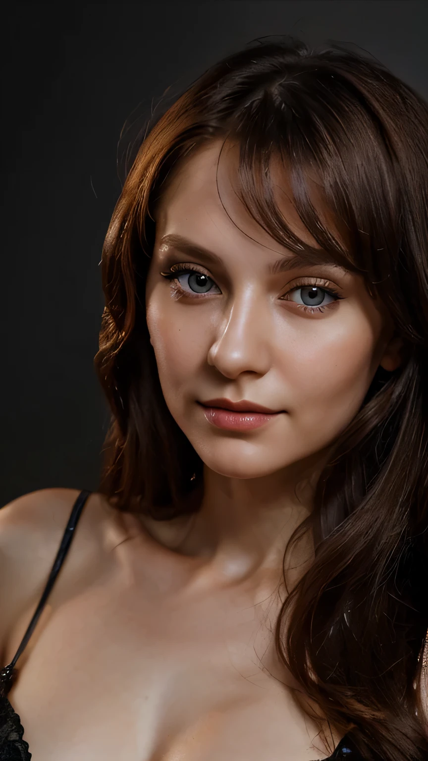 close up portrait of a gorgeos  skinny 29 years old russian woman, seductive eyes, slightly smiling, symetric face , looking straight into the camera, , studio lighting.