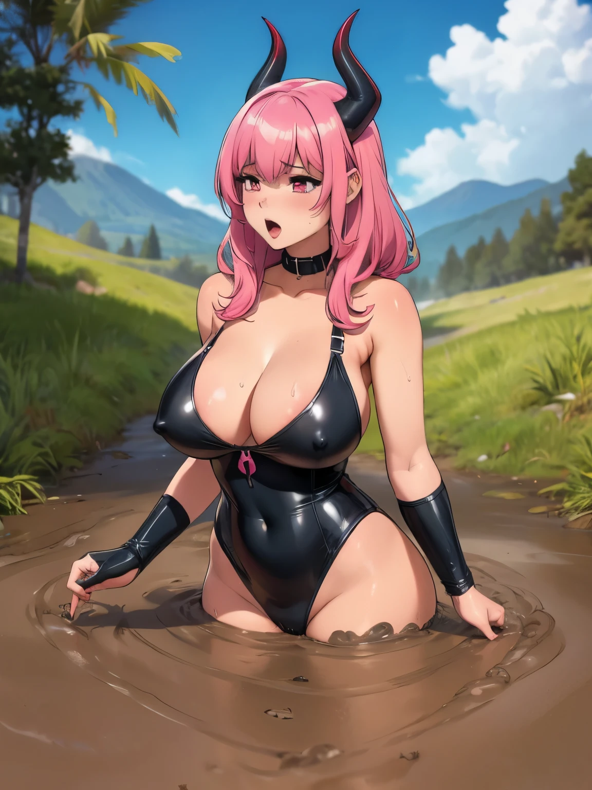 collar, Athletic body, wet pussy, curvy, big breasts, latex, pink-red eyes, pink hair, long hair, flushed face, tight, looking back, naked breasts, devil horns, devil tail, devil wings, 1 girl, agony, scared face, desperate behaviour, partially submerged, dying, gigantic breasts, bimbo, bitchface, breasts deep in quicksand, begging for help