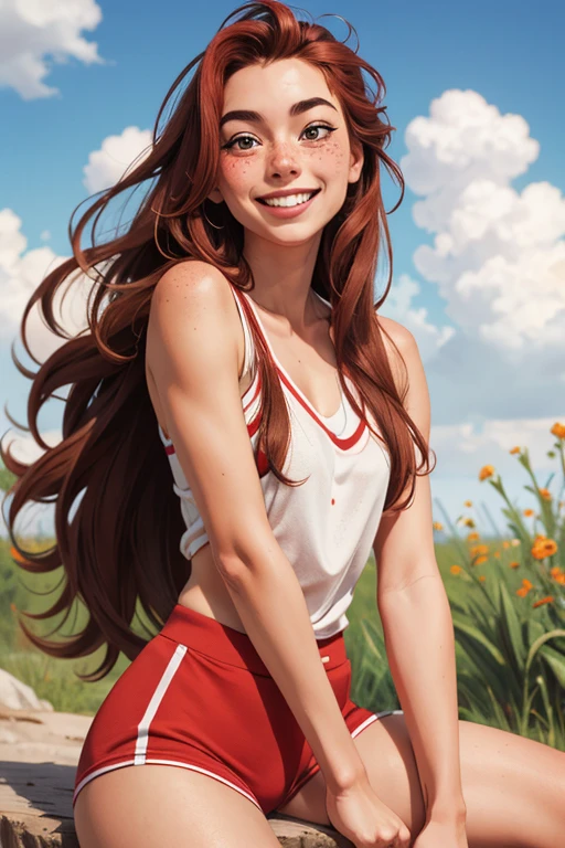 masterpiece, Best quality, Realistic photo of a girl, long hair, Red freckles, smile