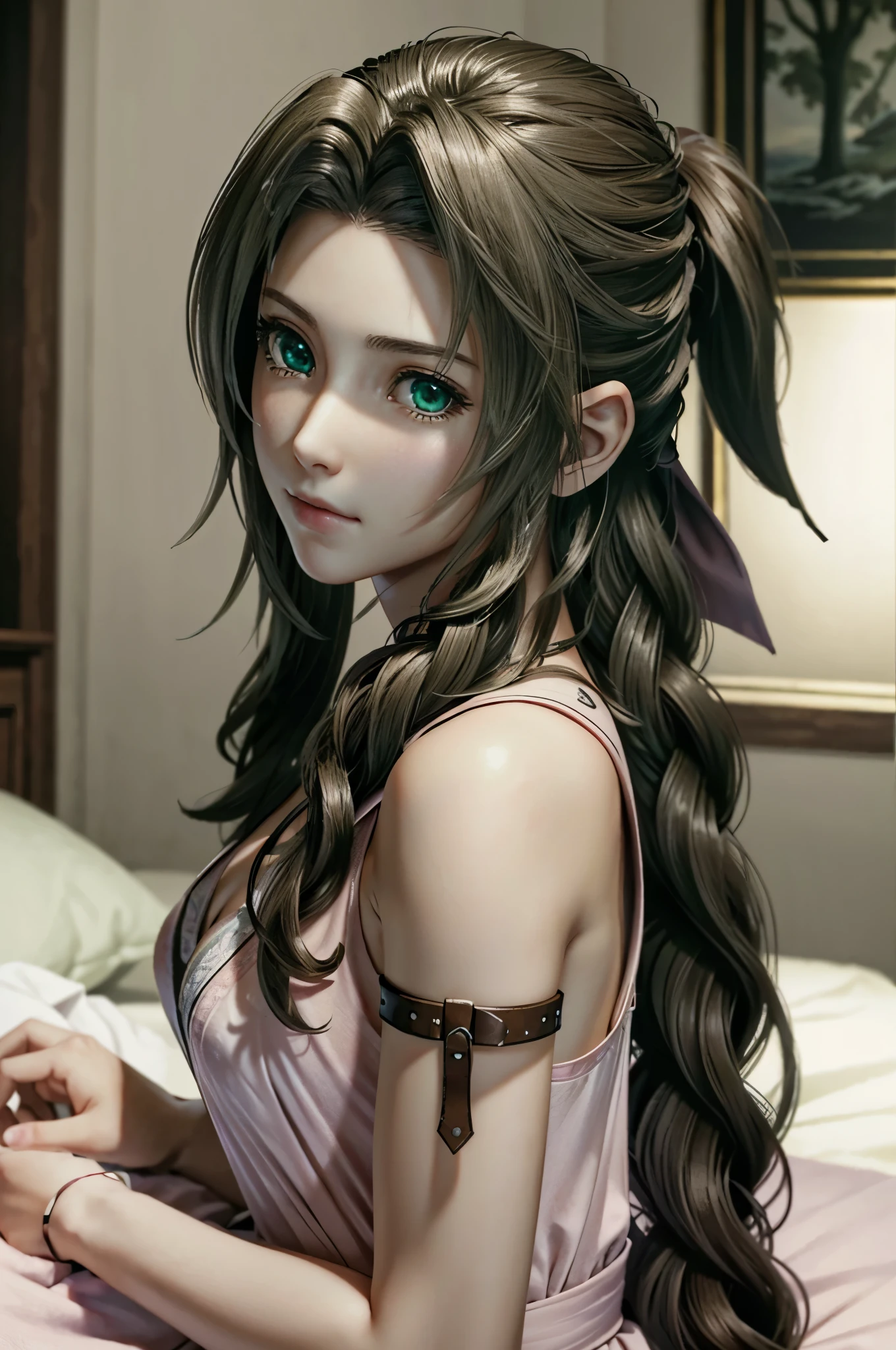 ((ultra detailed, masterpiece, best quality)) FF7Aerith, 1girl, solo, single braid, green eyes, brown hair, on bed