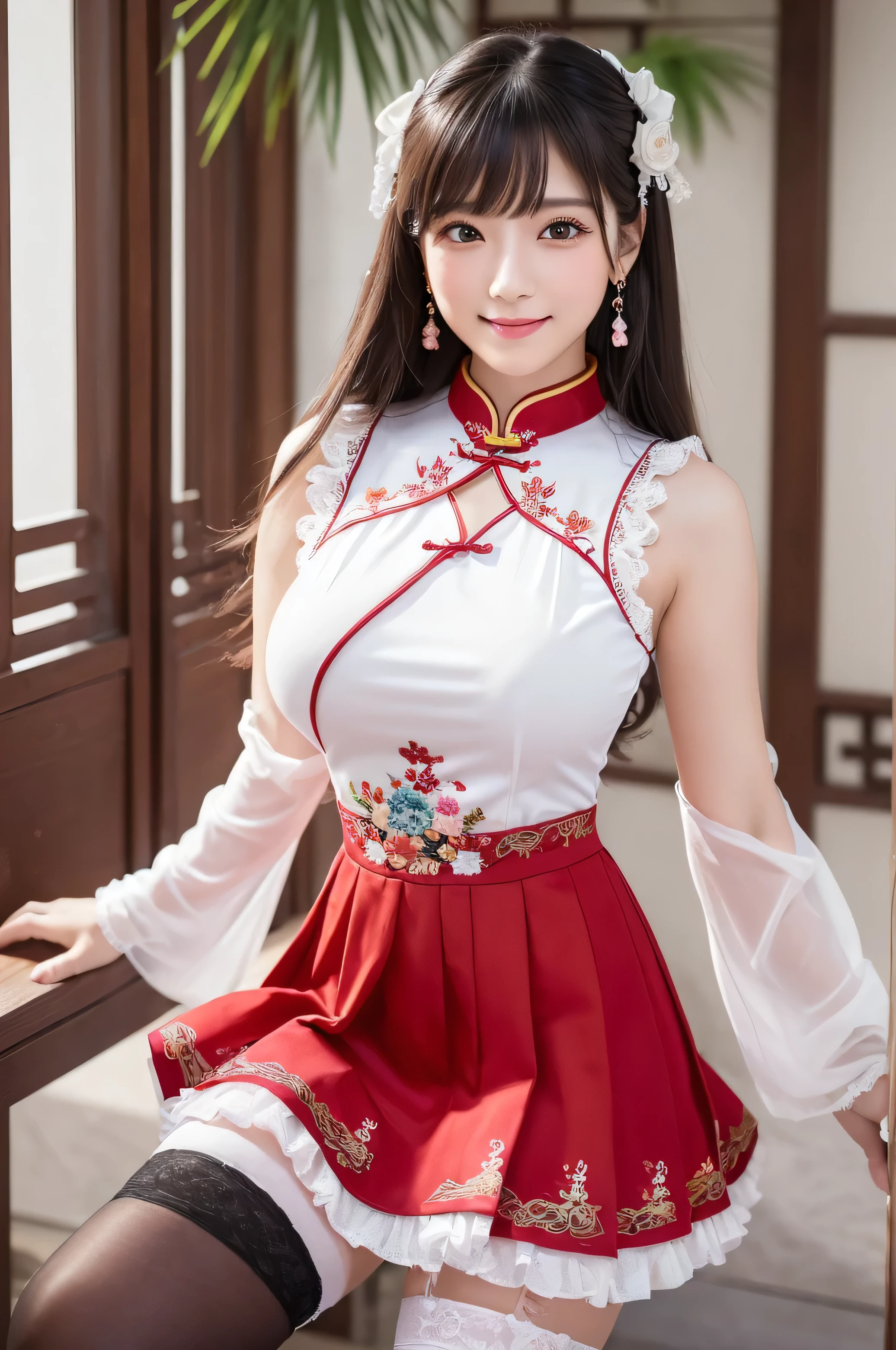 (1 female、Japanese、20-year-old、fresh、clear、seems kind、stylish、attractive narrow eyes、pitiful、天使のようにcute、cute、black eye、Idol,actress,big breasts）,(large flabby breasts),(big breasts：1.4).(very cute)、(black hair),enchanting eyes、(In 8K、Live shooting、highest quality、masterpiece:1.2、optimal lighting)、(long hair),(masterpiece),(Gravure photography)(Photo taken by a professional photographer),(soft light),(genuine、フォトgenuine:1.37),break,{Idol costumes, cute hair ornaments, earrings,(Dress with a large slit on the side)、(white theme:1.4), (Cheongsam Top:1.2), No sleeve, frills, zettai ryouiki, Stocking Tights, , race,Red accent color,chinese style embroidery}, (portrait),,close up of face,smile