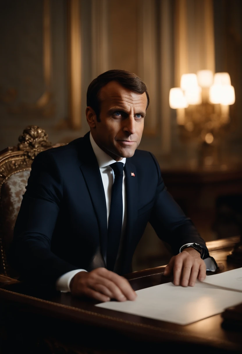 Large photo realistic front shot of President Macron , Grand et en forme, (40 ans:1.1), (shaven:1.2) , (cheveux bruns courts:1.2),(Cheveux courts:1.3). Dark brown, costume bleu marine (Posing behind a desk ready for a speech Cold dark sunset at dusk, (Kantenlicht:1.1),(Concentrez-vous sur les yeux), (angry look), (Lumière crue sur la peau:1.2), (ombres dures, dark theme, Contraste profond:1.1), (photographie de portrait par Annie Liebovitz), Dark mint theme and choral aesthetics,