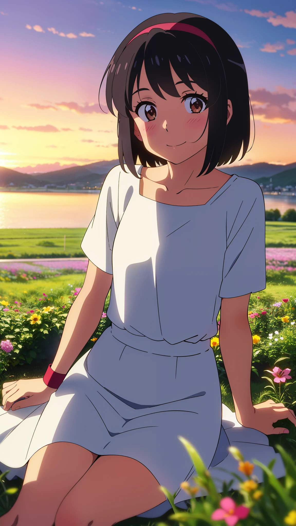 shinkai makoto, kimi no na wa., 1girl, bangs, black hair, blush, brown eyes, shiny skin, Wearing a white dress, red headband, short hair, smile, cute, solo, happy, looking at viewer, flower field, Sit on grass, sky, cloudy, evening, sunset, scenery
