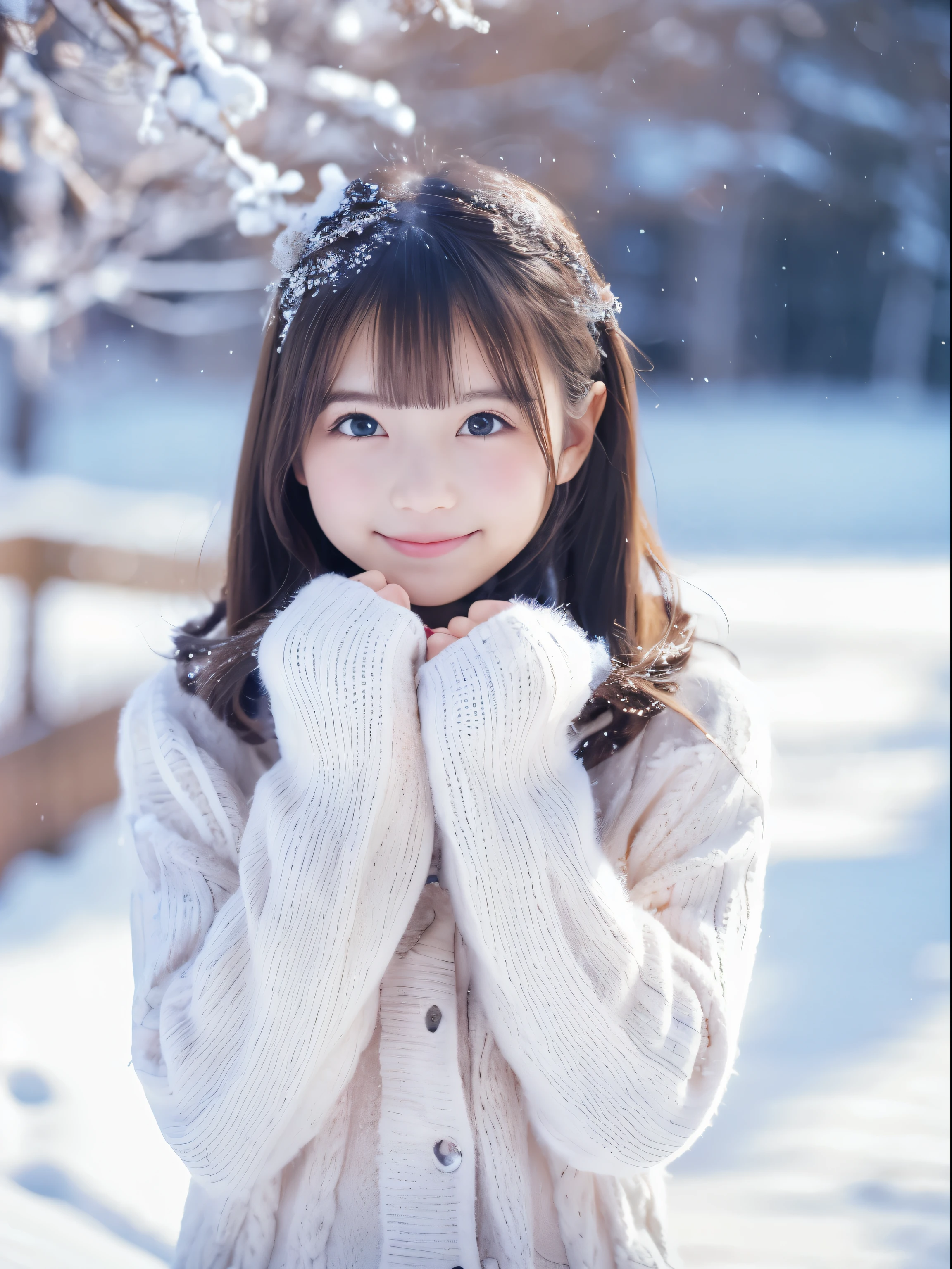 girl in pleated miniskirt, Snowy landscape, Winter wonderland, Cute and innocent look, rosy cheeks, Sparkling eyes, warm winter clothes, Poses in motion、footsteps in the snow, Falling snowflakes, Frosty tree, Snowy ground, soft snow texture, gentle and delicate lighting, Pastel color palette, dreamy ambiance, quirky and magical, A masterpiece of high resolution:1.2, Ultra-detailed, Realistic:1.37, Vivid colors, Bokeh、innocent smiles、Hair that flutters in the wind