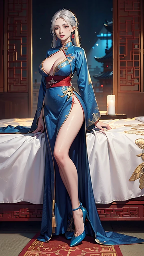 (Ultra-realistic 8k CG: 1.2), perfect artwork, delicate patterns, intricate details, (unparalleled masterpiece, best quality: 1.2), (extremely complex: 1.2), a woman in a blue and gold dress, (sitting on a blue bed), hips up, makeup, blush, shyness, white hair, looking down, cosmetics, (forehead point), (2 red candles), Chinese_clothes, curtains, earrings,hanfu, interior, jewelry, blue nails, long_sleeves, blue dress, red lips, tassels, (red quilt), (red palace: 1.2), (ancient Chinese architecture), (blue: 1.8), night,(Full Body:1.5),(cute face:1.3),(huge breasts:1.3),(high-heels:1.3),(big hips1.3),(medium thighs:1.3)