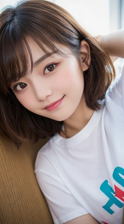 (top-quality,8K picture quality,​masterpiece:1.3,),(超A high resolution:1.3,Photorealsitic:1.4,Raw photography:1.2),(ultra-detailliert:1.2,shinny skin,Detailed skin:1.1),(Detailed face,Perfect Anatomy,Caustics:1.2),Park lawn,Sleep on your back,女の子1人,kawaii,japanes,22year old,Japanese ido,Natural brown hair,Curl short hair outwards,Pretty eyes,natural make up,Oversized T-shirt,a smile,Looking at the camera,up on the face,Face Focus,Professional Lighting,natural soft light,