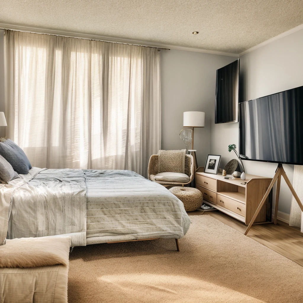 there is a bed and a television in a room, furnished room, taken with sony a7r camera, inside of a bedroom, brightly lit room, soft natural light, detailed wide shot, detailed zoom photo, serene bedroom setting, look at the details, filled with natural light, with backdrop of natural light, natural light in room, bedroom interior, real estate photography