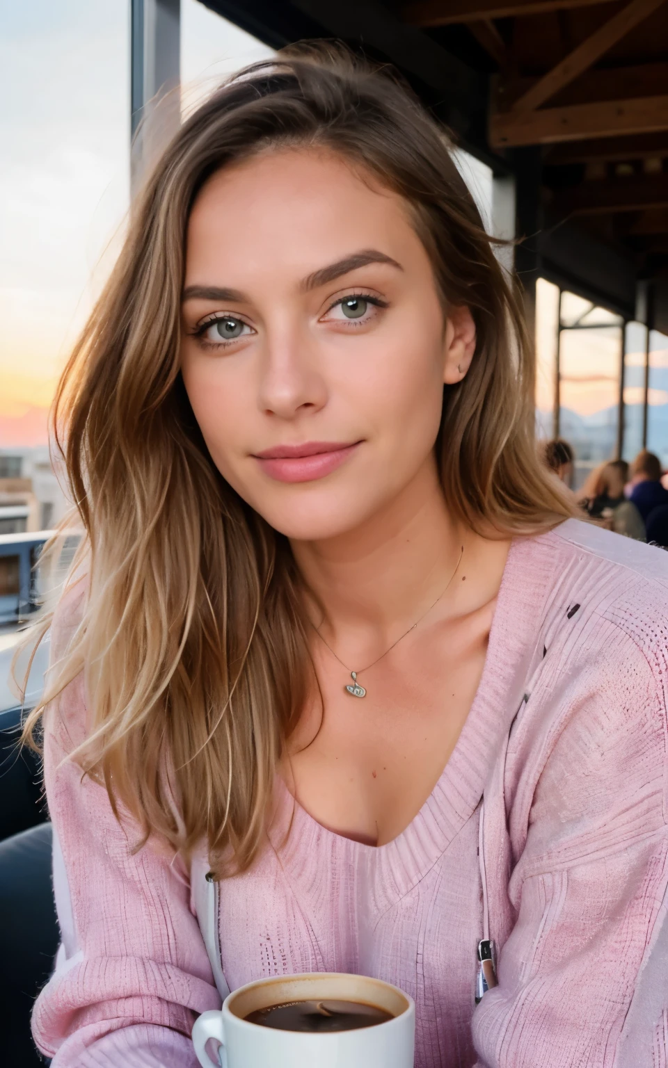 Beautiful blonde wearing pink sweater (Sipping coffee in a modern café at sunset), Sehr detailiert, 21 Jahre alt, Unschuldiges Gesicht, Natural wavy hair, blaue Augen, high resolution, Meisterwerk, best quality, Komplizierte Details, Sehr detailliert, scharfer Fokus, detaillierte Haut, realistisch skin Textur, Textur, detaillierte Augen, Fachmann, 4K, charming smile, mit Kanone gedreht, 85mm, shallow depth of field,  Kodak Vision Farbe, perfectly fitting body, Extremely detailed, Foto_\(Ultra\), photorealistisch, realistisch, Nachbearbeitung, Maximale Detailgenauigkeit, Rauheit, wahres Leben, Ultra realistisch, Fotorealismus, Fotografie, 8K UHD, Fotografie