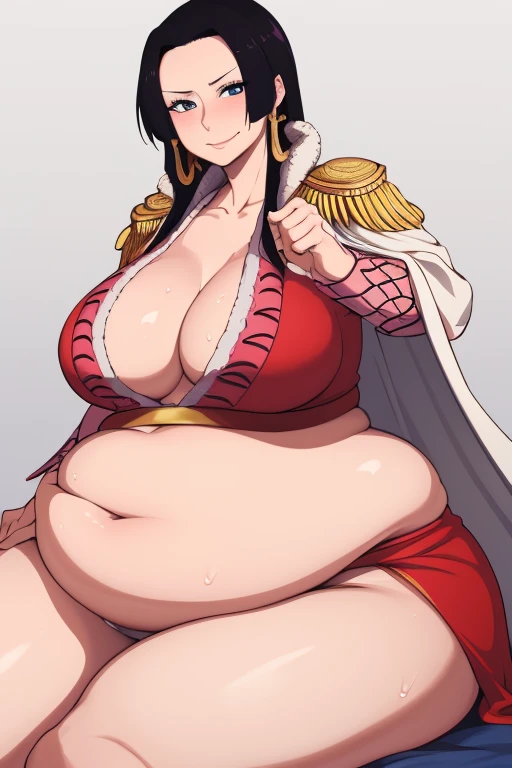 masterpiece, best quality, highres, hancock1, boa hancock, large breasts, big plump belly, ((massive belly)), ((full belly)), sweaty, juicy thighs, fat, mild, epaulettes, cape, crop top, side slit, cowboy shot, sitting, moaning, very pleased and content, 