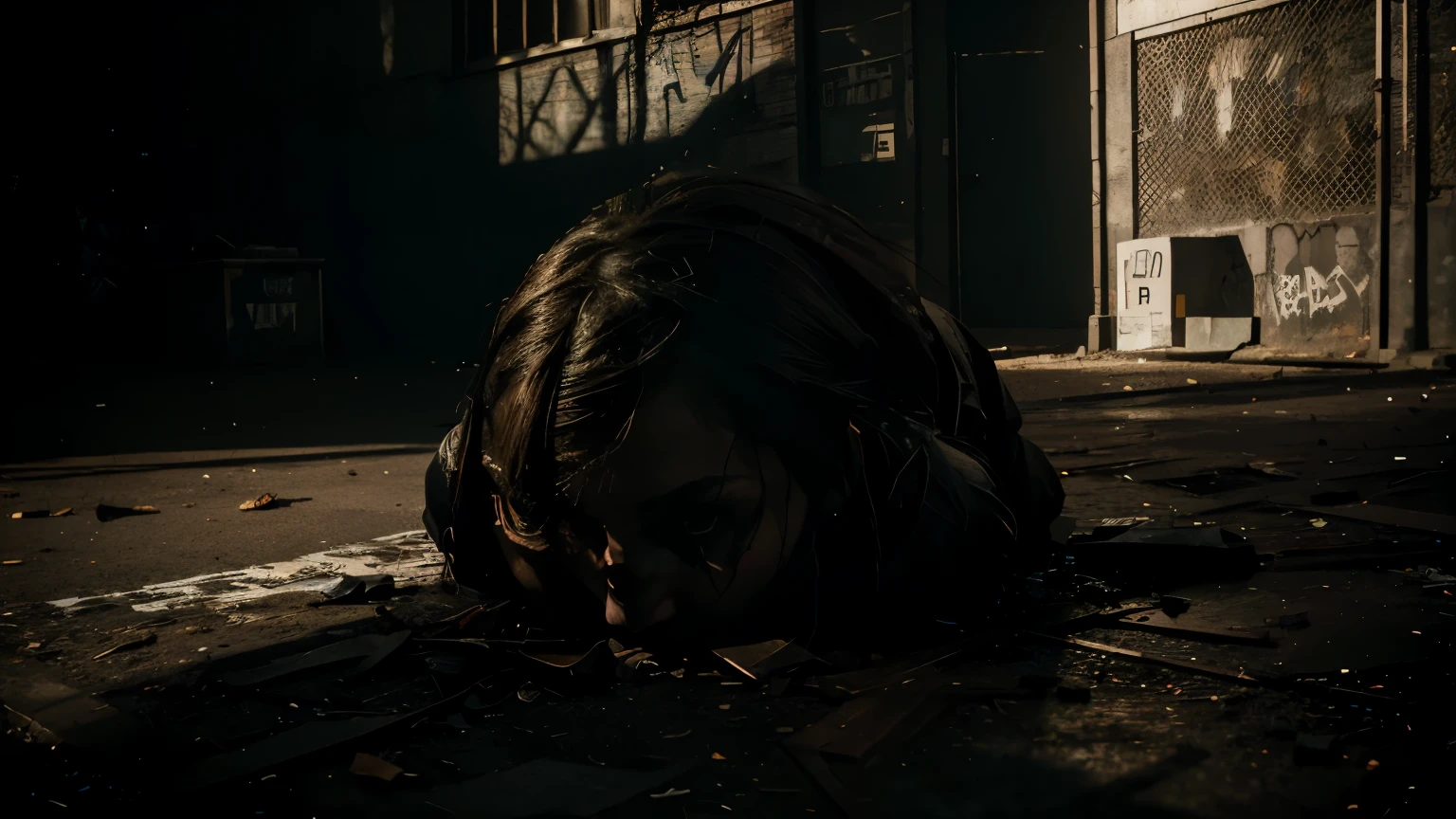 best quality,4k,8k,highres,masterpiece:1.2,ultra-detailed,realistic,horror,street art-style,dark,vivid colors,long shadows,sharp focus,dramatic lighting,haunting atmosphere,detail of textures,creepy ambiance