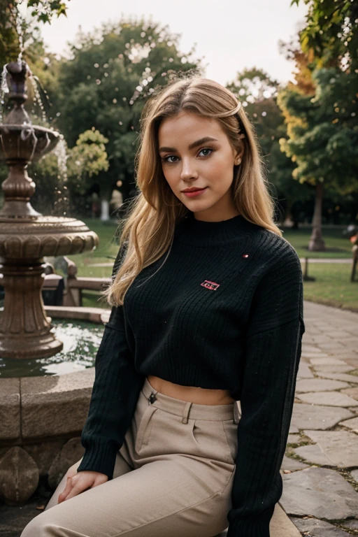 Portrait of two best friends, a 22-year-old German girl, blonde, blue eyes, makeup, lips painted with fiery red lipstick wearing a black sweater and beige pants and a MEN 25-year-old light brown boy, wearing a green hodie, both sitting friendly manner posing smilingly looking towards the viewer. almost embraced. The background must be a park in Cuenca Ecuador. Photorealistic portrait Shot outdoors in natural light with a Sony Alpha a9 II camera and a Sony FE 200-600mm f/5.6-6.3G telephoto lens. Perfect sharp focus, vibrant colors, cinematic atmosphere. Aspect ratio 3:2, size 750px, 8K.