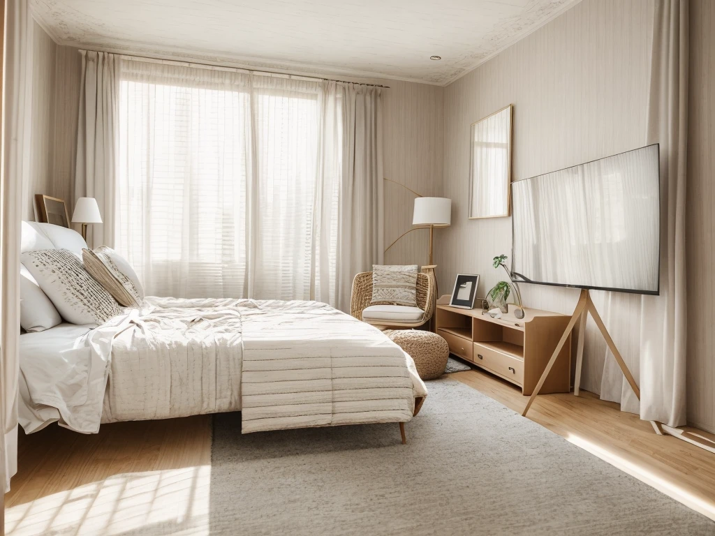 there is a bed and a television in a room, furnished room, taken with sony a7r camera, inside of a bedroom, brightly lit room, soft natural light, detailed wide shot, detailed zoom photo, serene bedroom setting, look at the details, filled with natural light, with backdrop of natural light, natural light in room, bedroom interior, real estate photography