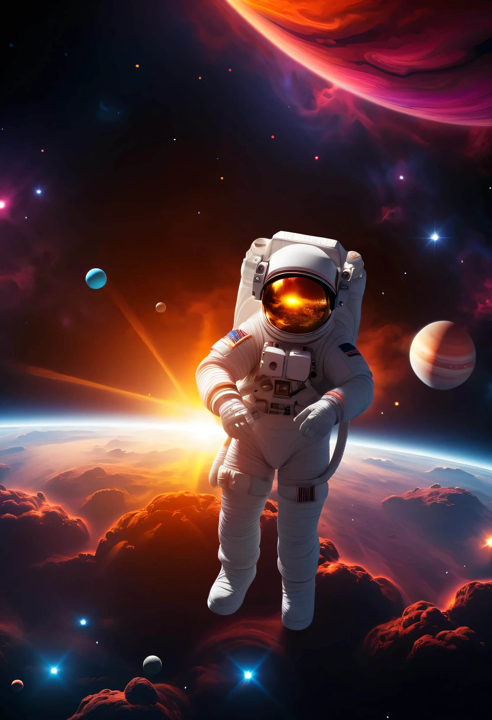 (ultra-realistic),(solar system),(vivid colors),(detailed planets),(glowing Sun),(astronaut floating in space),(nebula clouds),(black background),(high-resolution),(sharp focus),(astro photography),(crisp details),(bokeh)