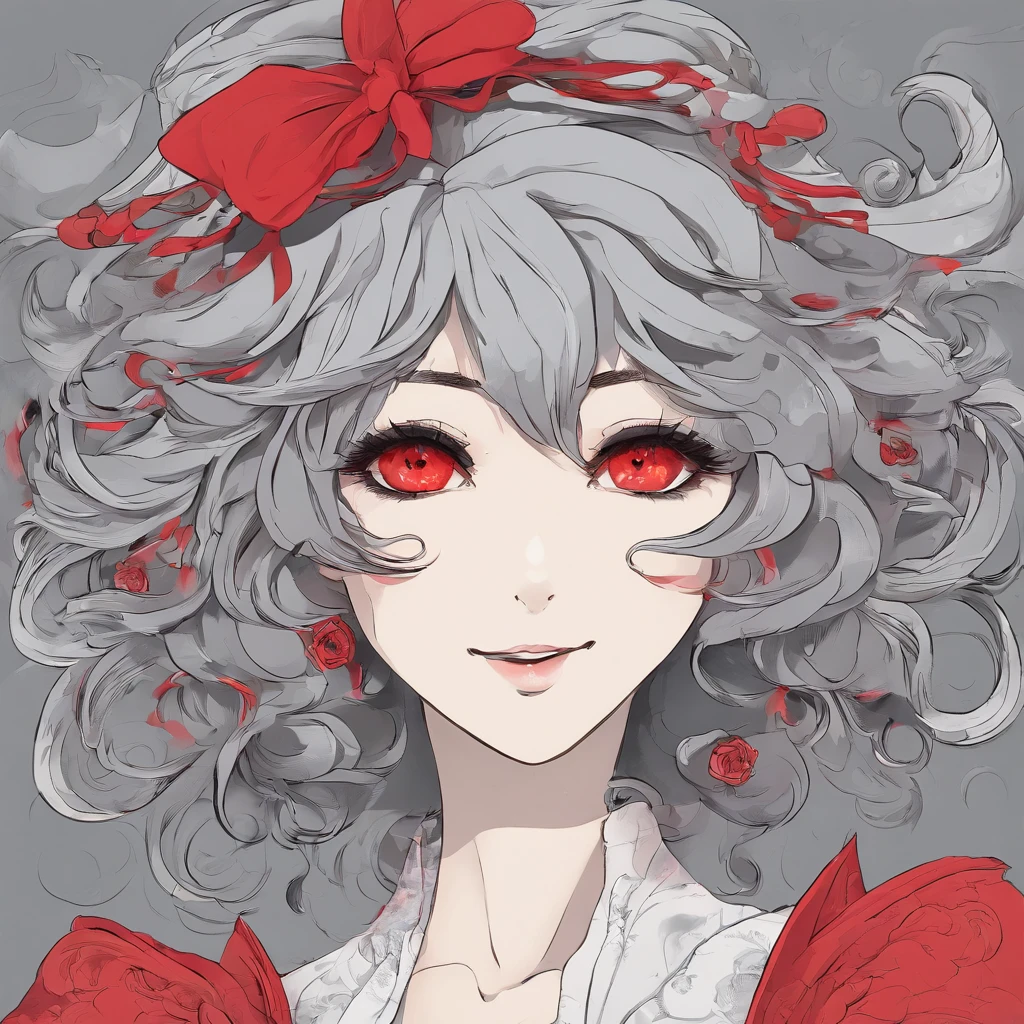 Beautiful Anime witch woman, grey hair, red eyes, sheep horns, Fujimoto art style, otherwordly, esoteric nature, strangely happy, vampire, vampire fang smile, gleeful laugh, head tilted, reality is stranger than fiction, eyeshadow, eyes looking at viewer, clean line style