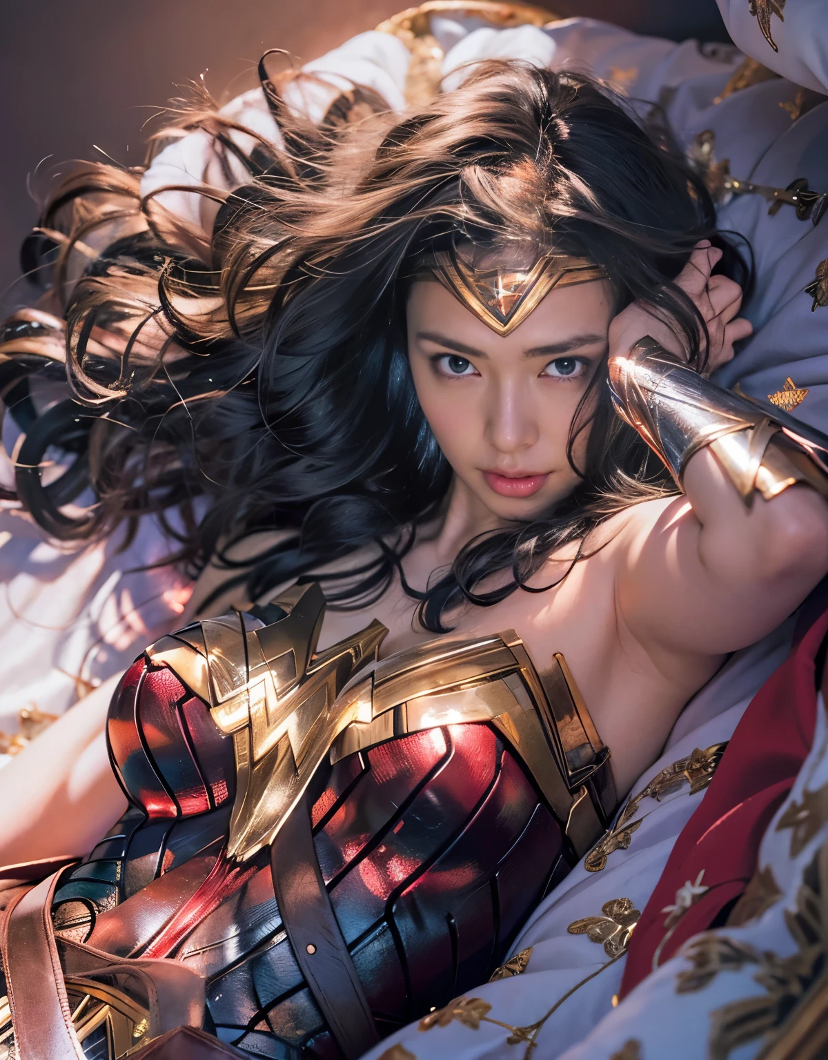 (Wonder Woman lying down)、Wonder Woman and a man in close contact,Wonder Woman is captured by a man,Wonder Woman being held down by a man,wonder woman fighting a man,wonder woman fighting a man,Wonder Woman is attacked by a man,Wonder Woman attacked by a man,wonder woman defeated,injured wonder woman,injured wonder woman,highest quality、masterpiece、ultra high resolution、(Photoreal:1.4)、Wonder Woman with a distressed face、(wear wonder woman costume)、glowing skin、,(Small LED)、((Super realistic details))、portrait,global illumination、Shadow、octane rendering、8K、intricate decorative details、Japan details、very intricate details、realistic light、(Mystical expression),Trends in CG society、red eyes、shining eyes、towards the camera、neon details、、Small LED、