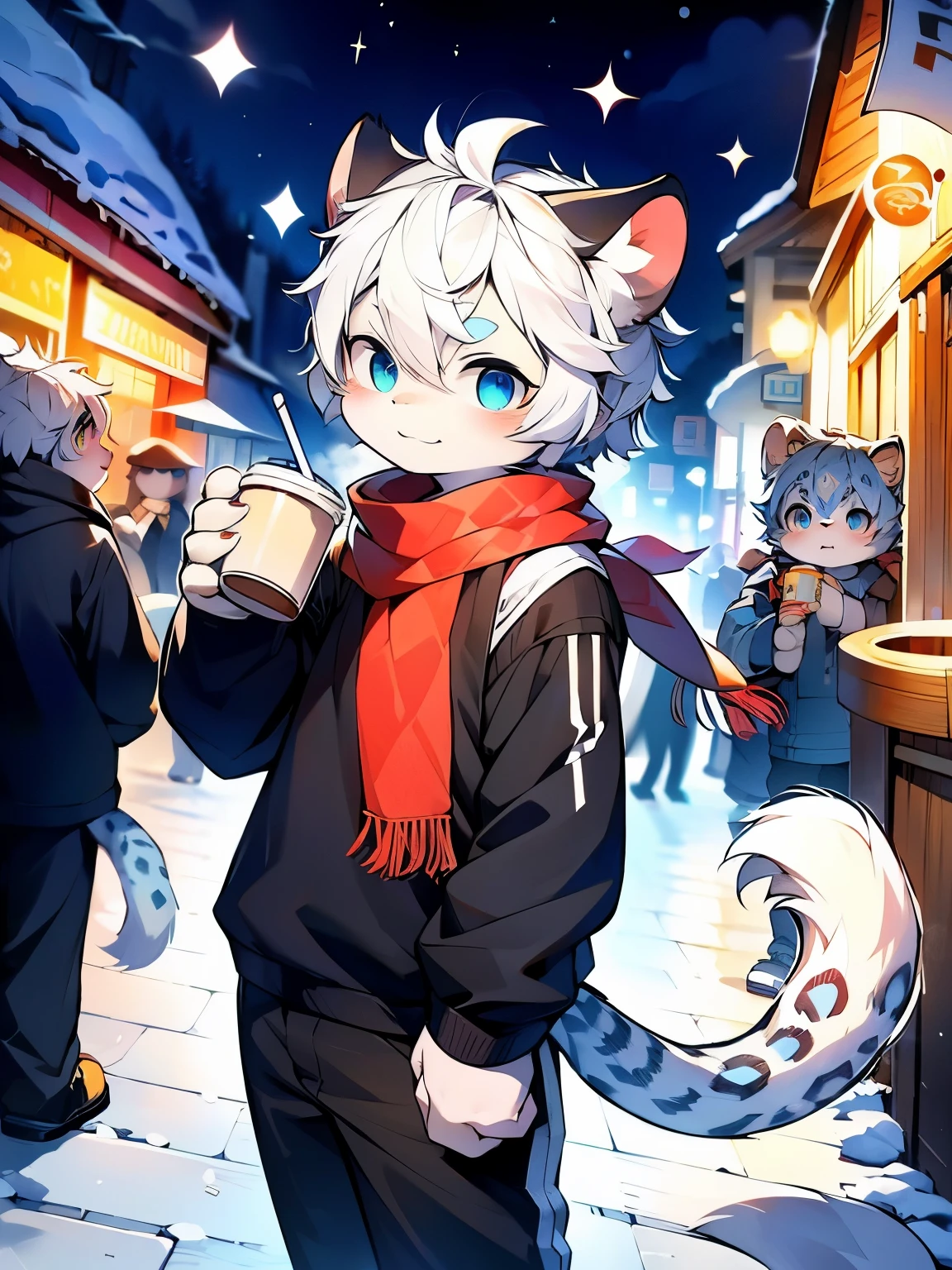 Highest image quality,masterpiece,orc,paw+(five fingers)+White+(White爪尖),break handheld latte+(Single)+Hold+black+(paper cup+hot drink lid)+In the hand,A detailed eye,Normal eyes,white eyebrows,Black ears+(Snow leopard ears)+Round ears+Thick,(Cat's tail)+Snow leopard tail texture+Coarse+single+in the lower back+uniform in thickness,(Gray hair),hairy,white hair,Lovely,Handsome teenager,(break red scarf),blue pupils,(night view),white hair,through bangs,Mottled light and shadow,Short hair details,lively+street+crowd,There are God's bright eyes,City,winter background,warmth,2023,(black外套+long sleeves),solo,(new year),(oval face),snowflake,Casual
