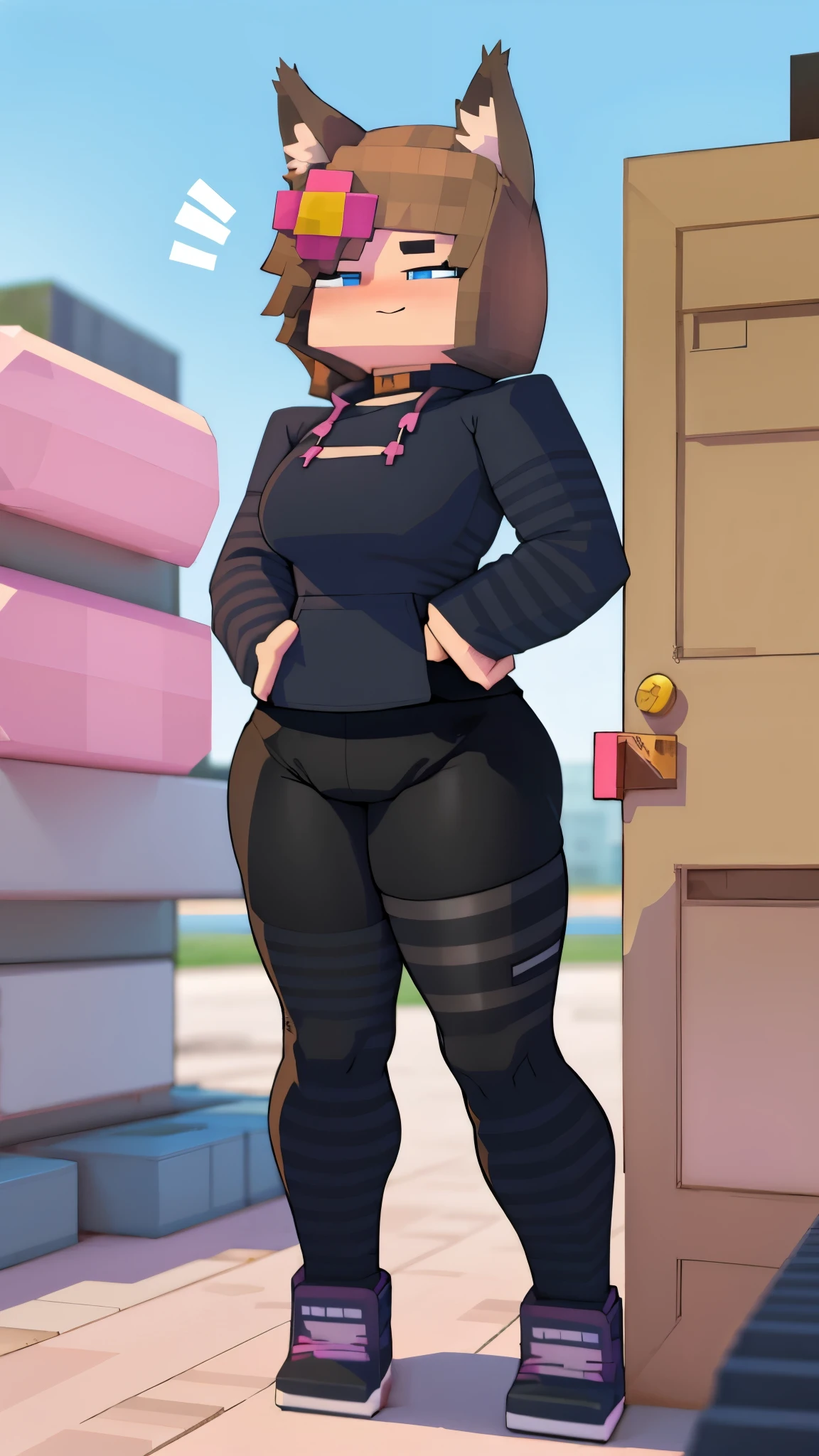 Single boy, Anime Femboy, Short, Long white hair, wolf ears, wolf tail, blue eyes, wearing cute pink skirt, thigh high socks, black combat boots, flat chest, super flat chest, solo femboy, only one femboy ((FLAT CHEST)), wide hips, thicc thighs, happy, crotch bulge (CROTCH BULGE), yoga leggings, wearing cropped black hoodie, solo, alone