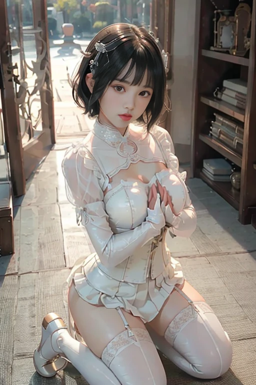 T Masterpiece,best quality,realistically,1 girl,short hair with flat bangs,Stunning innocent symmetry face,Pure Eros Face_v1、Asian girl with delicate face,((White leather corset, bondage fashion、Transparent Panty House、pumps and stockings))、(((kneeling prayer pose、Hands together at the chest、Full view)))