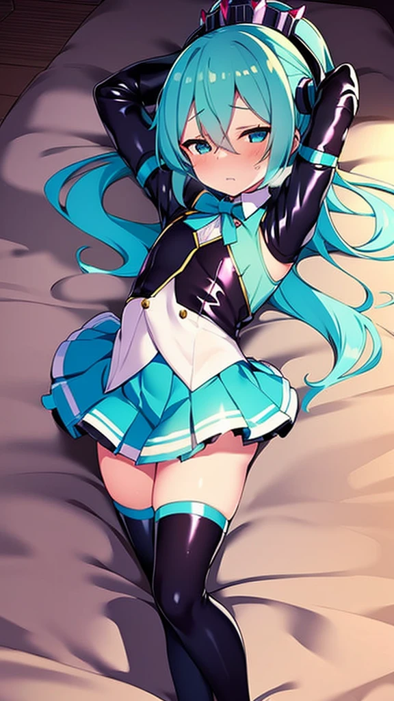 1fille, Hatsune Miku, Tenue de princesse, couronne, or, ((Trône)), dans un château, Moyen-âge, Porter un gilet bleu, Un pied sur terre, l’autre mollet du pied tourné vers l’extérieur, une main tenant le microphone, l’autre main à travers les yeux Biye, fond blanc