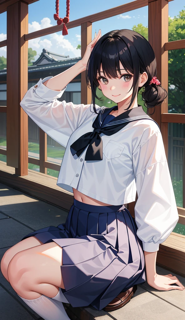 1girl in、AS-Adult、a smile、The shirt、skirt by the、()Chilarism、Japan High School Student Uniform、serafuku、summer clothing、(Sheer Bra)、Upper body portrait、the wind、Squatting panchira、