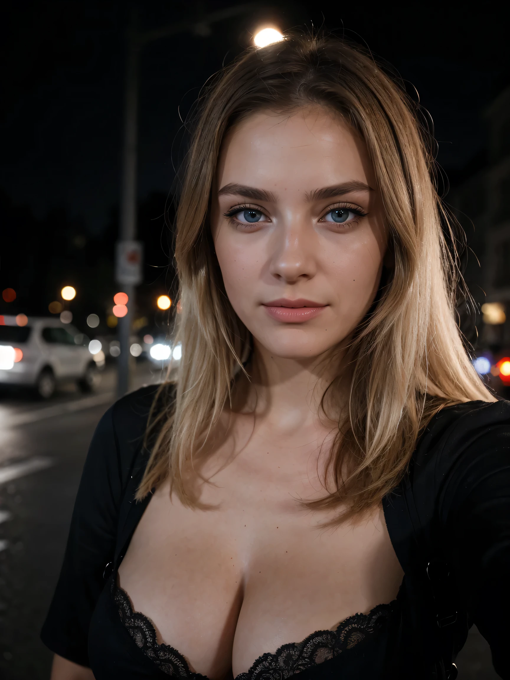 (selfie, plan: 1.4), RAW UHD portrait photo of a 22-year-old blonde (femme aux yeux bleus) marcher dans ube ruelle sombre, gros seins, ville la nuit, (rocher), (encolure), specifics (tissu! , cheveux! , briller, couleur!! , disadvantages: 1.1) blue eyes with a high level of detail (staring into the camera), SLR lighting, Appareil photo reflex mono-onjectif, ultra quality, re sharpness, profondeur de champ, filmkorn (milieu), fujifilm XT3, limpide, rahmenmitte, beau visage, mise au point nette, street lamp, neonbeleuchtung, bokeh (dimly lit), nuit, (ciel nocturne), detailed skin pores, peau grasse, coup de soleil, complex eyes details, corps entier entier , gros seins, beautiful girl