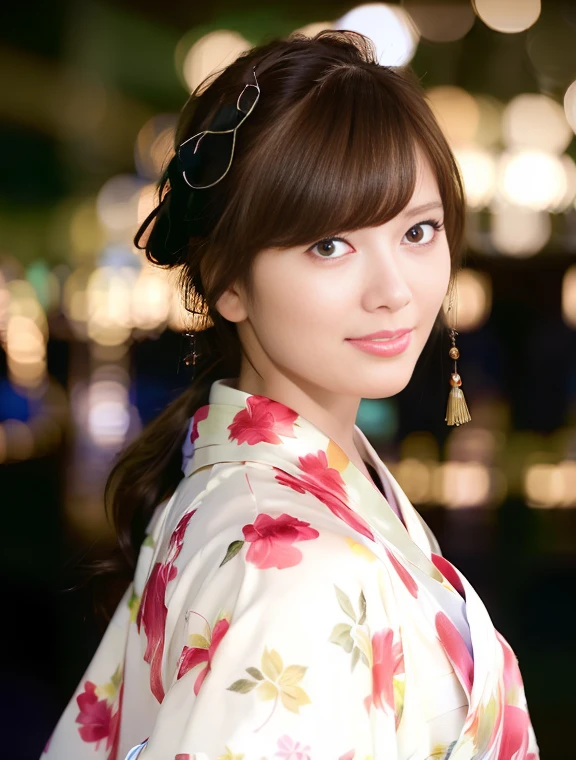 highest quality, photorealistic, 8K, High resolution, 1 girl, woman, (skin dents), (professional lighting), (kimono:1.74), nice, (1 girl eyes looking at the viewer:1.54), ((looking at the viewer:1.6)), (look at the camera), photorealistic, (Bokeh), (dynamic pose:1.2), masterpiece, Complex, realistic, sharp focus, award winning photos,smile
