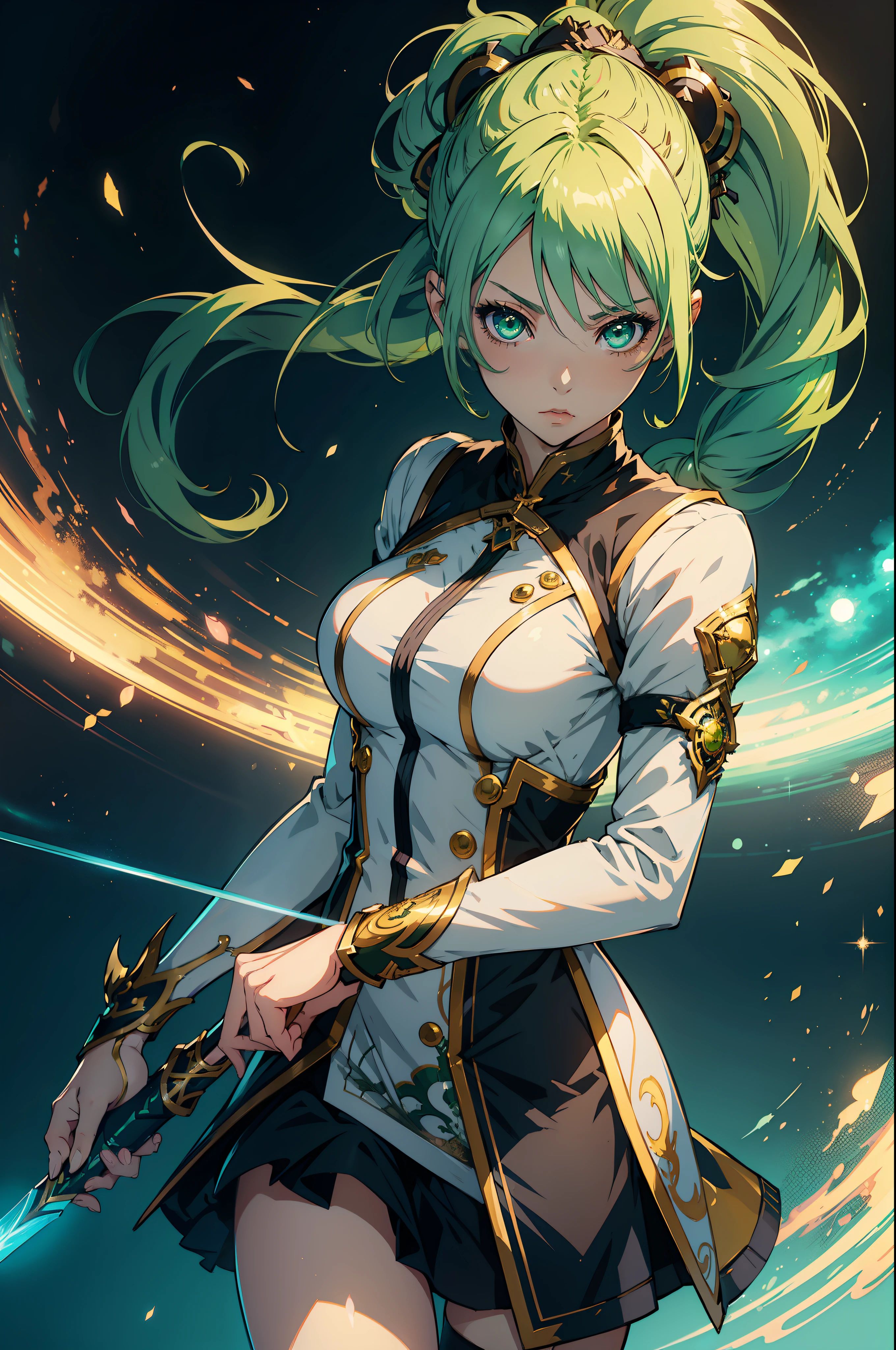 Portrait of a very cute and beautiful anime girl with highly detailed green eyes and pastel yellow ponytail hair, fantasy costume with rapier, In the style of modern anime, Made by Los Tran, WLOP, ray close, On a great background