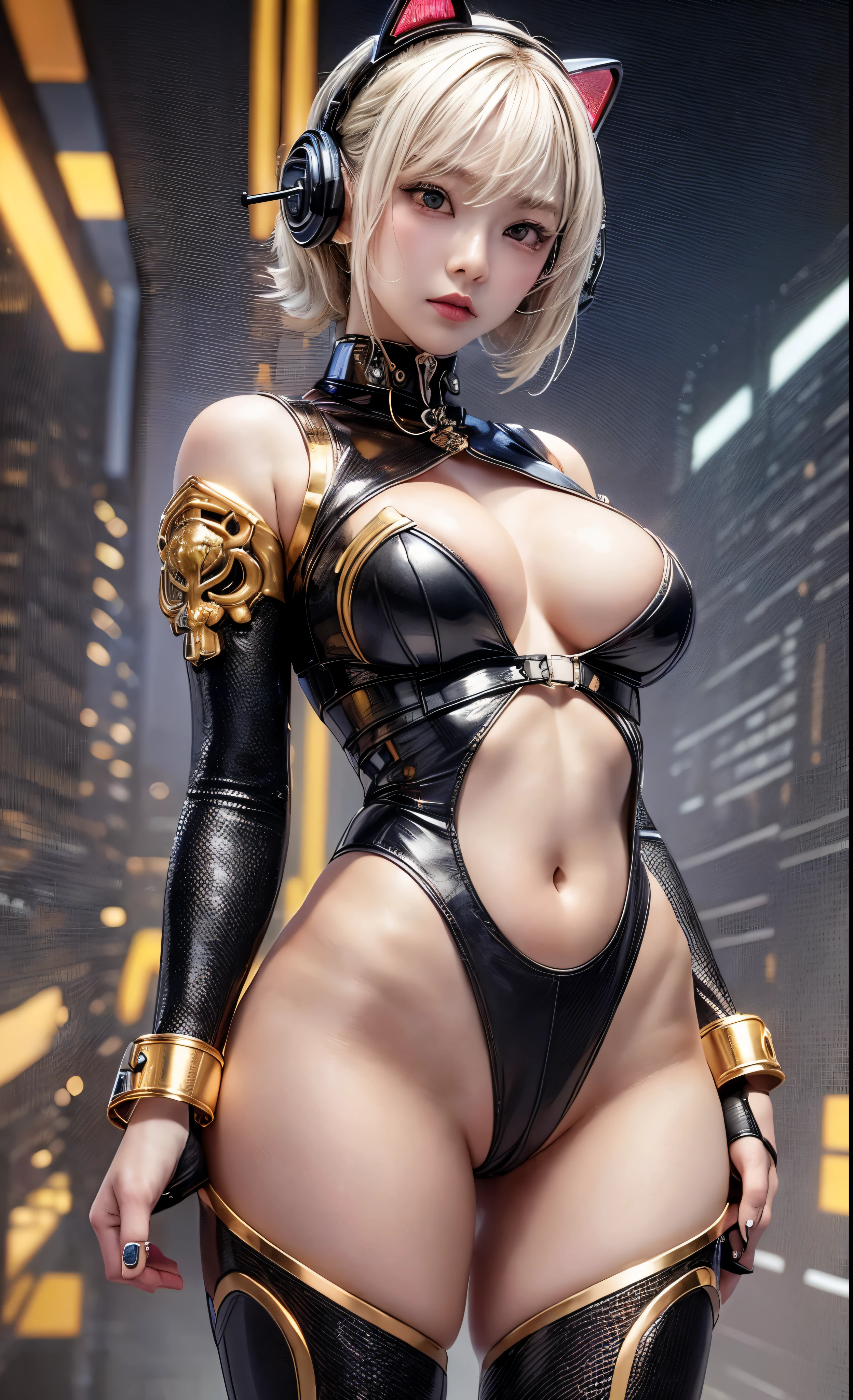 delicate face, 20 year old KPOP idol {cyborg} girl, (carbon fiber cyborg body), carbon fiber body, {{angled bob}}, (big breasts:1.15), (mechanical joint), bangs, attractive curves, Central of the bone disc, seaside, standing posture, beach, glowing skin, ((Pafia Leola)), (High leg, spread your legs, camel toe, camel toe, vulva shaped:1.25), (cyber punk, SF:1.2), [[[shining neon]]], (Upper body:1.15), (8K, RAW photo, highest quality, masterpiece: 1.45), (NSFW:1.15)、(camel toe, camel toe, vulva shaped:1.25)