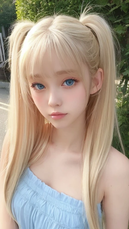 Twintails are sexy, so her face.., very cute and beautiful、Very shiny and beautiful skin、beautiful messy bangs、Very beautiful and cute sexy bright sky blue eyes、very big eyes beautiful very long shiny silky blonde hair、18 years old , very beautiful and cute girl、gross face、cheek gloss highlight、white beautiful skin、