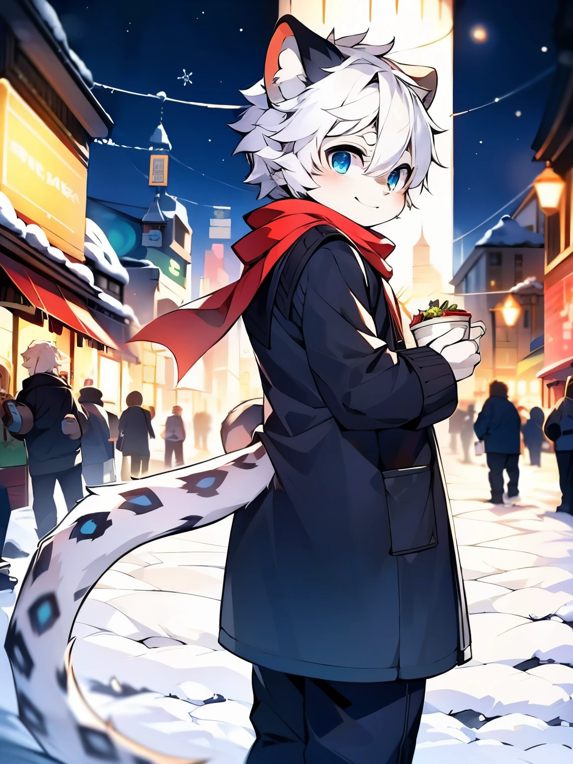 Highest image quality,masterpiece,orc,paw+(five fingers)+White+(White爪尖),break handheld latte+(Single)+Hold+black+(paper cup+hot drink lid)+In the hand,A detailed eye,Normal eyes,white eyebrows,Black ears+(Snow leopard ears)+Round ears+Thick,(Cat's tail)+Snow leopard tail texture+Coarse+single+in the lower back+uniform in thickness,(Gray hair),hairy,white hair,Lovely,Handsome teenager,(break red scarf),blue pupils,(night view),white hair,through bangs,Mottled light and shadow,Short hair details,lively+street+crowd,There are God's bright eyes,City,winter background,warmth,2023,(black外套+long sleeves),solo,(new year),(oval face),snowflake,Casual