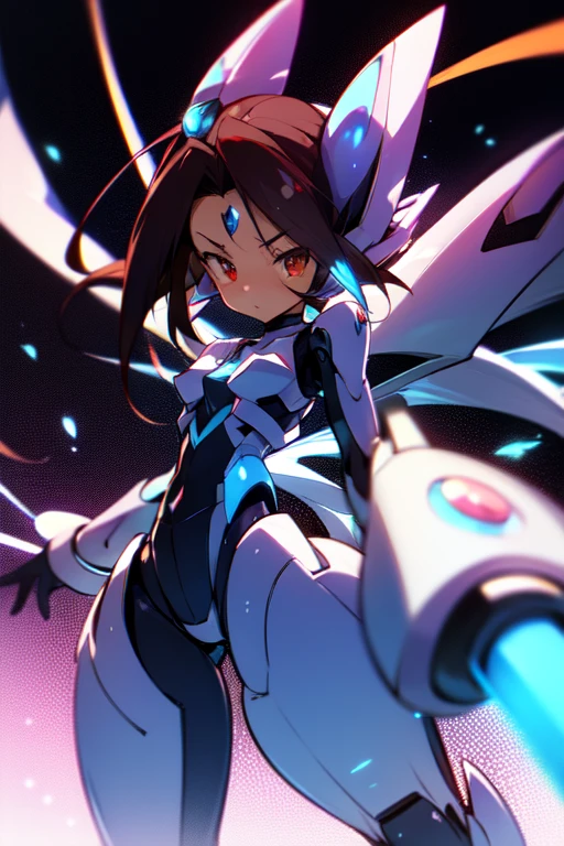 Masterpiece, best quality, highres, amazing quality, (pokemon mega mewtwo y), (devouring the starry sky), (tenchi muyo), flat chested, (male), (young 8 year old boy), (shota), (Dark skin), cute, red eyes, (very long dark brown hair), small blue gem on forehead, white mecha musume armour, white exosuit armour, black powersuit, white mecha armour legging, badass, cool, shounen, close up, adorable, clean up