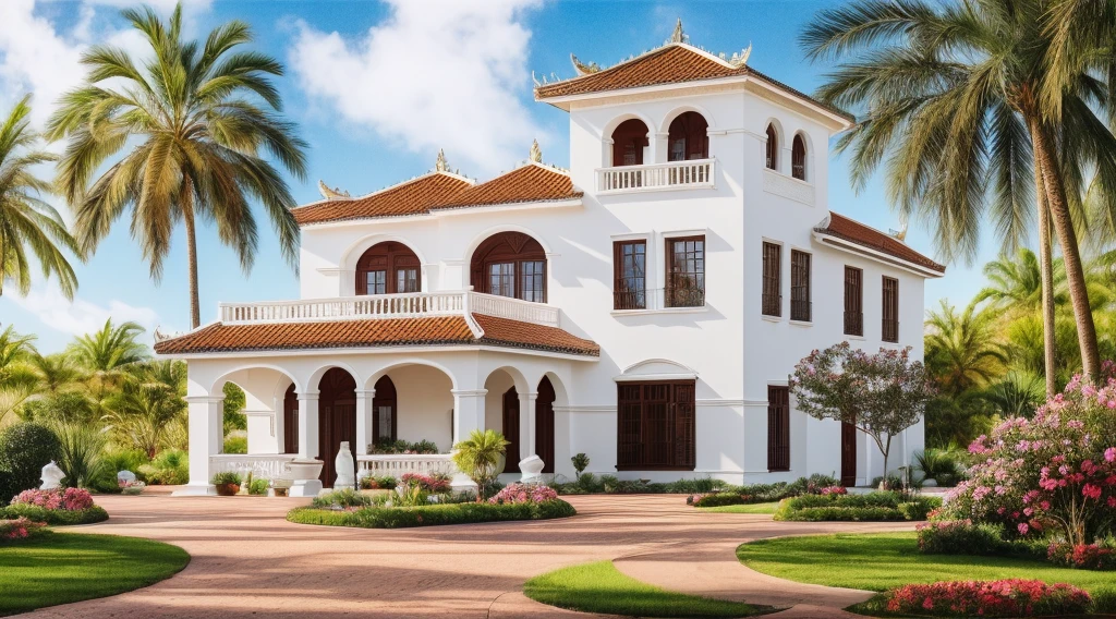 arafed white house with a red tiled roof and a large patio, colonial style, sri lanka, frontview, exquisite architecture, mediterranean architecture, front view dramatic, ornate retreat, exterior photography, outside view, neo-classical, neo - classical, well-designed masterpiece, house and home, stunningly detailed, villa, ornately detailed,((Tropical garden)), ((Vietnamese garden)), (( vườn cây ăn quả)),((Mediterranean Houses))