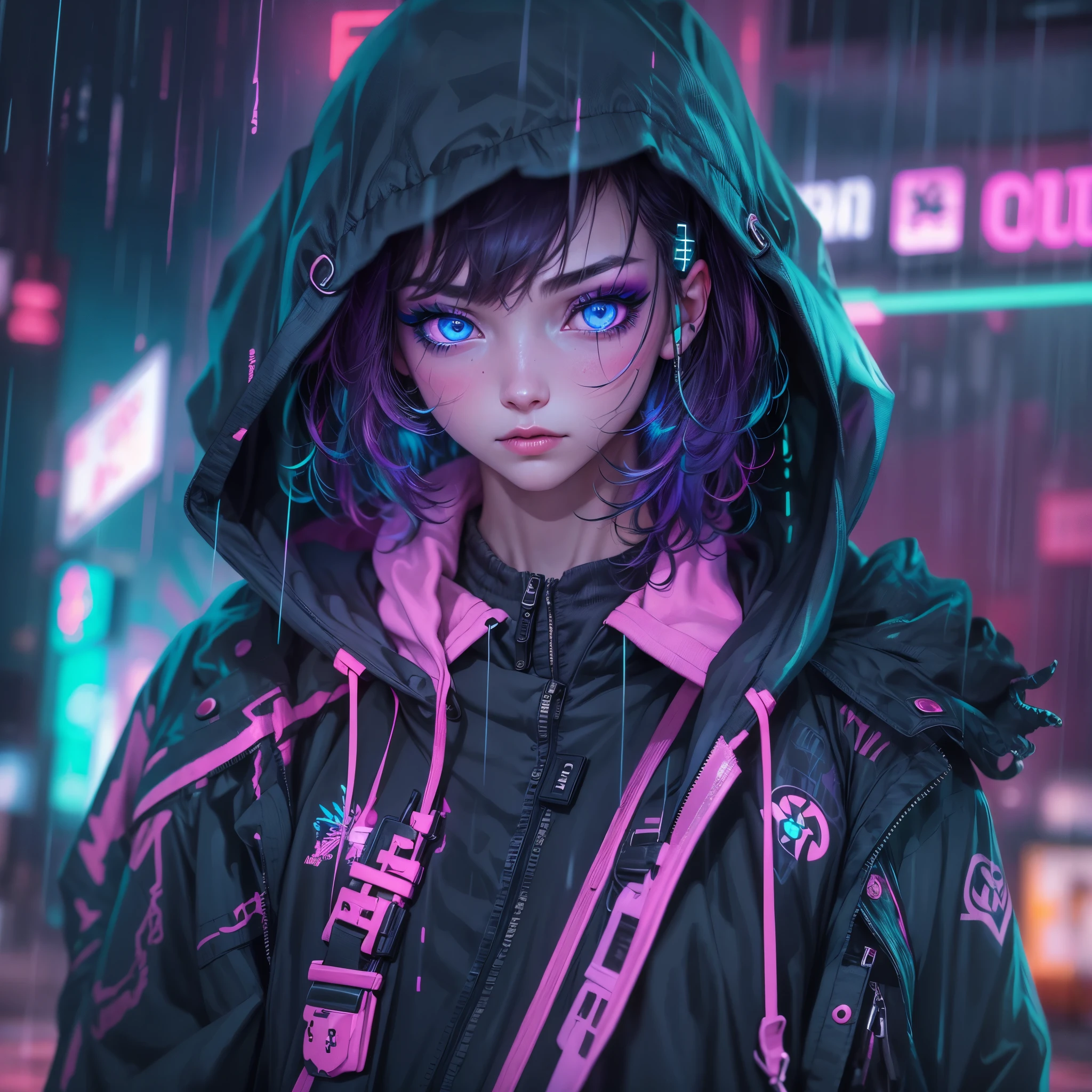 cyberpunk girl, blue eyes, black eyeshadow, pink eyeliner, short hair, pop haircut, rainy, jacket, neon light, sad, hoodie