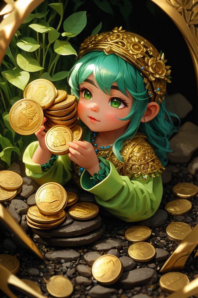 Luminism, Close up portrait. A cute dwarf counting golden coins in his cave, intricate pose, highly detailed filigree, lavish green leaves, blooming exotic flowers, lilic flowers
