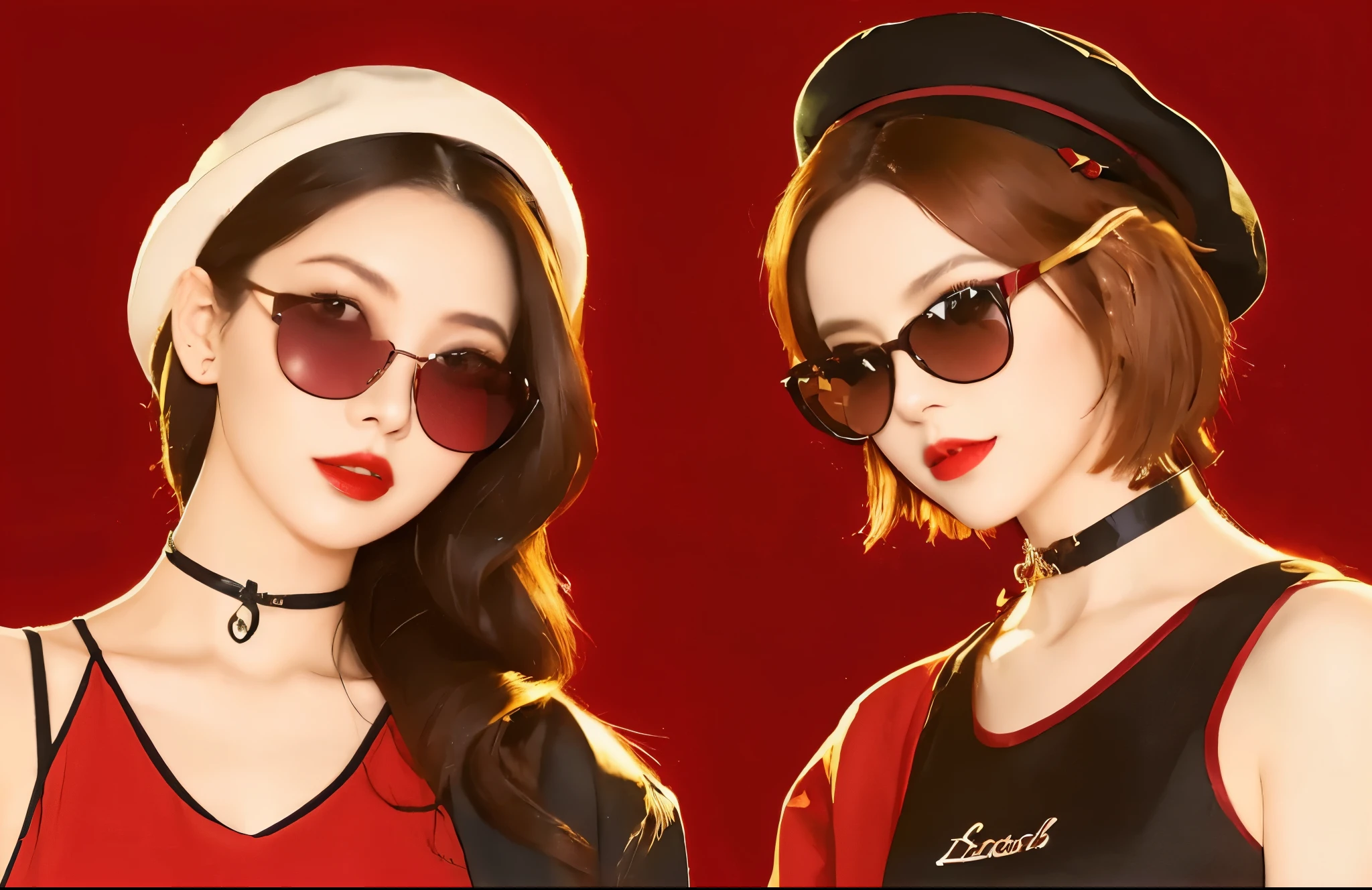 two women in red and black outfits posing for a picture, with sunglass, trending on cgstation, trending at cgstation, official artwork, kda, twice, red sunglasses, sunglasses, beret and sunglasses, artwork in the style of guweiz, both have red lips, sun glasses, guweiz, with sunglasses, e - girl, e-girl