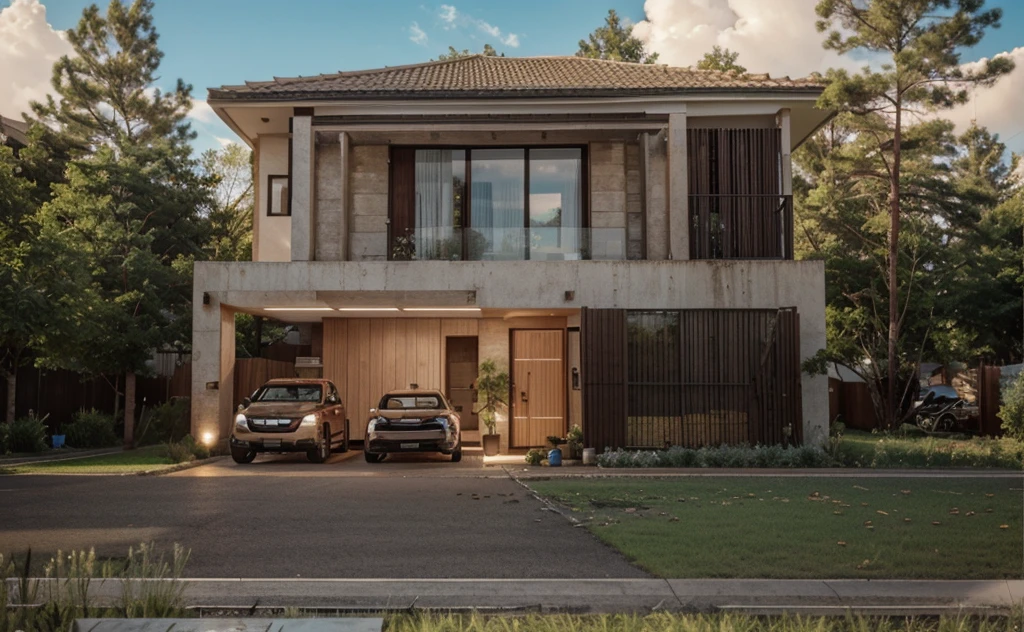 a truck parked in front of a house, outdoors, day, tree, no humans, window, ground vehicle, building, scenery, motor vehicle, car, road.