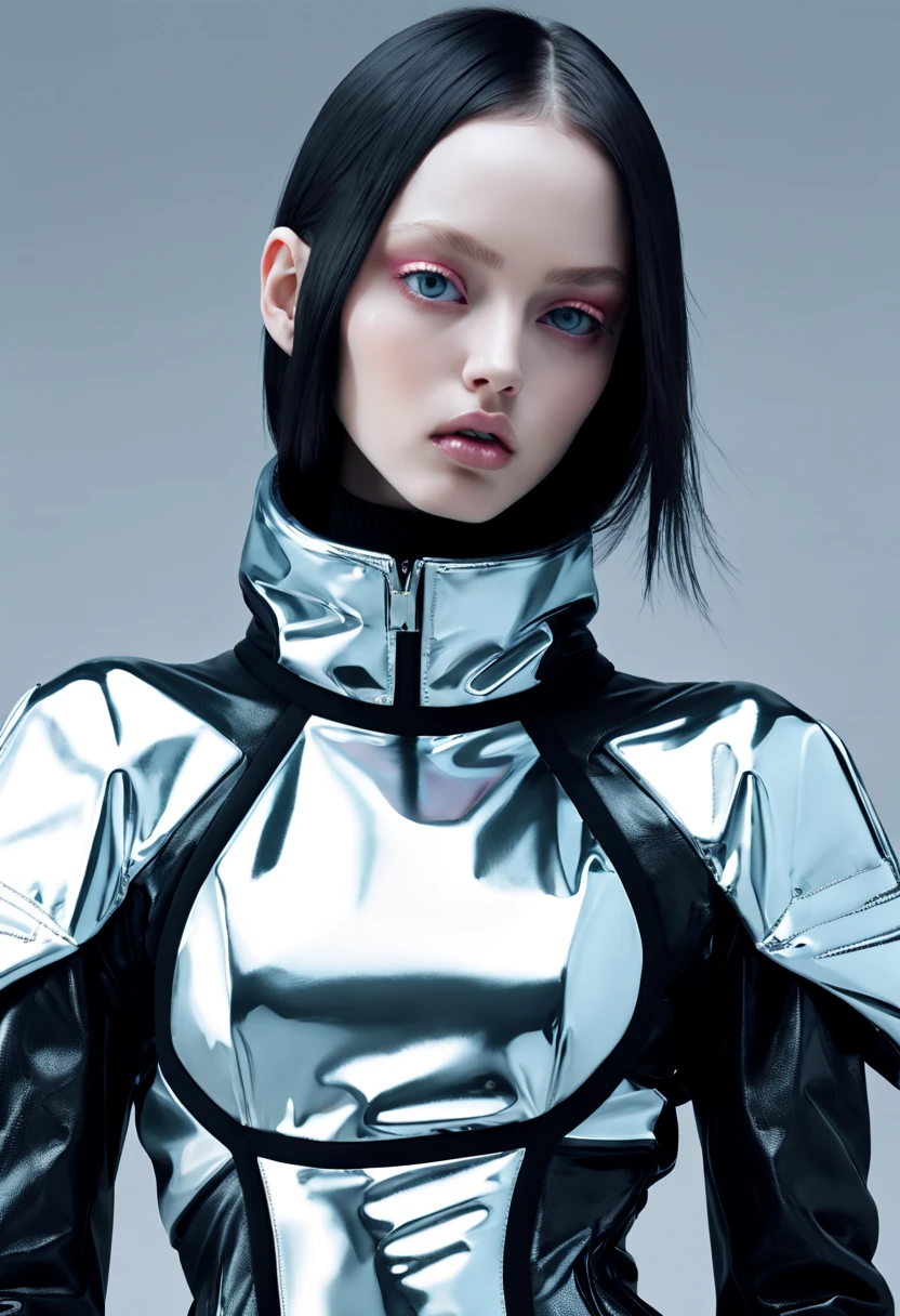 female model, professional photoshoot, sci-fi chic:0.4, futuristic haute couture:0.3, glitch aesthetic:0.3, haute couture:0.4 , portrait close up, by Balenciaga high fashion creator , 