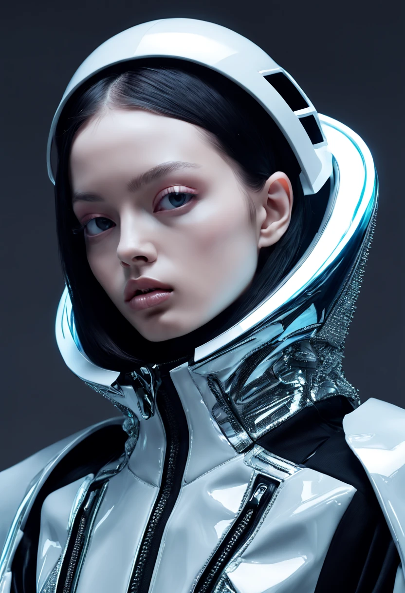 female model, professional photoshoot, sci-fi chic:0.4, futuristic haute couture:0.3, glitch aesthetic:0.3, haute couture:0.4 , portrait close up, by Balenciaga high fashion creator , 