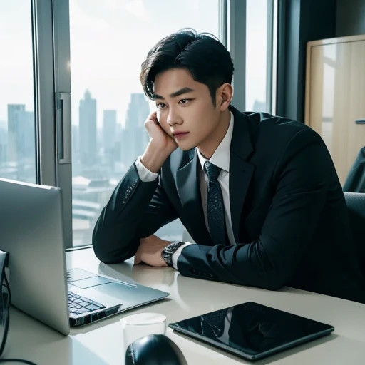 An Asian man wearing a suit is sitting sideways in front of a computer at the office.。Head turned down。sitting sideways。I'm holding my face with both hands。In the background, a skyscraper can be seen through the window.。Raising eyebrows。I'm in trouble。Age is 30s。