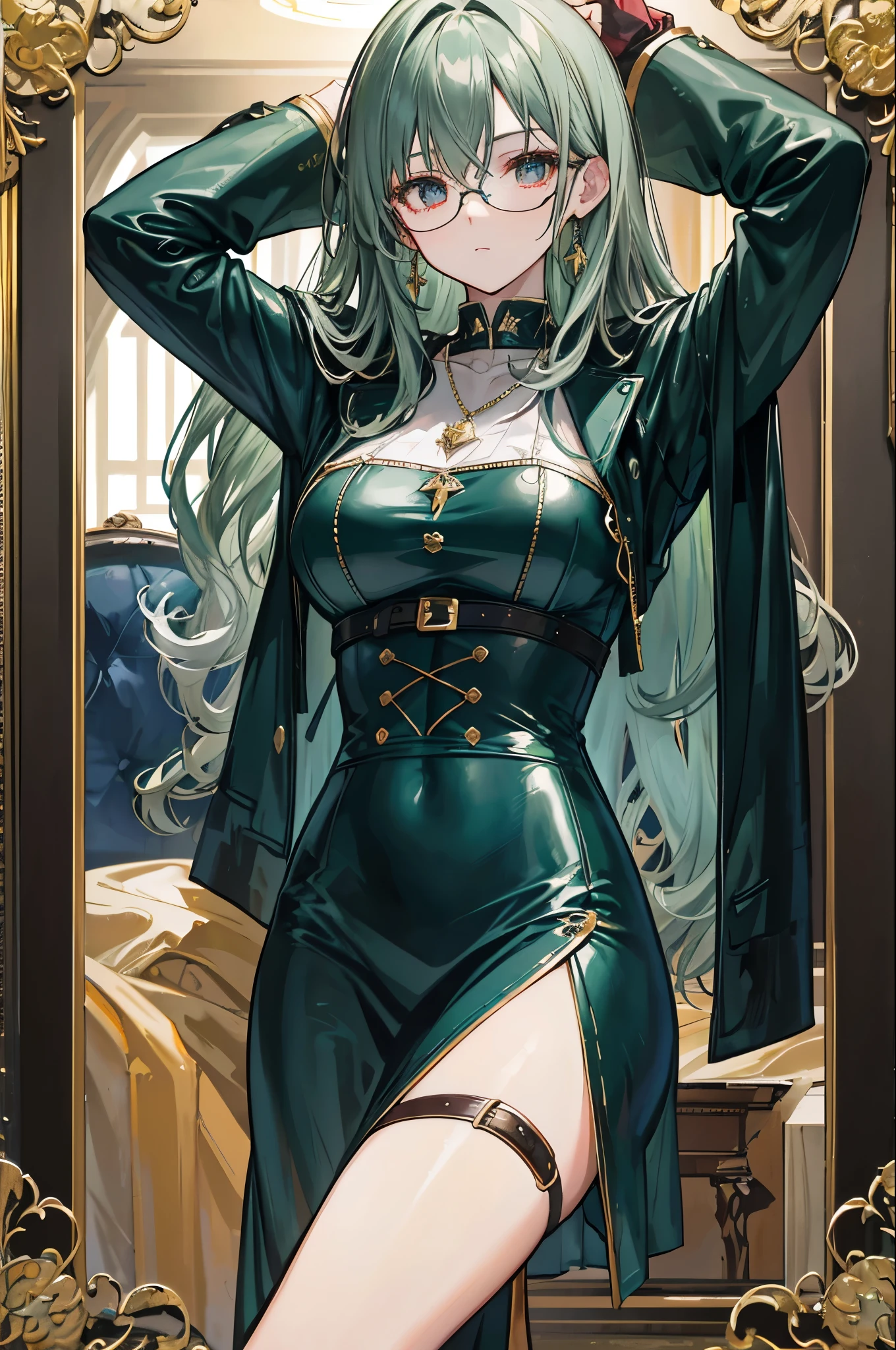 dark green curly long hair,Gold framed glasses,blue leather clothes,Silver necklace,scarlet eyes,Face is dark