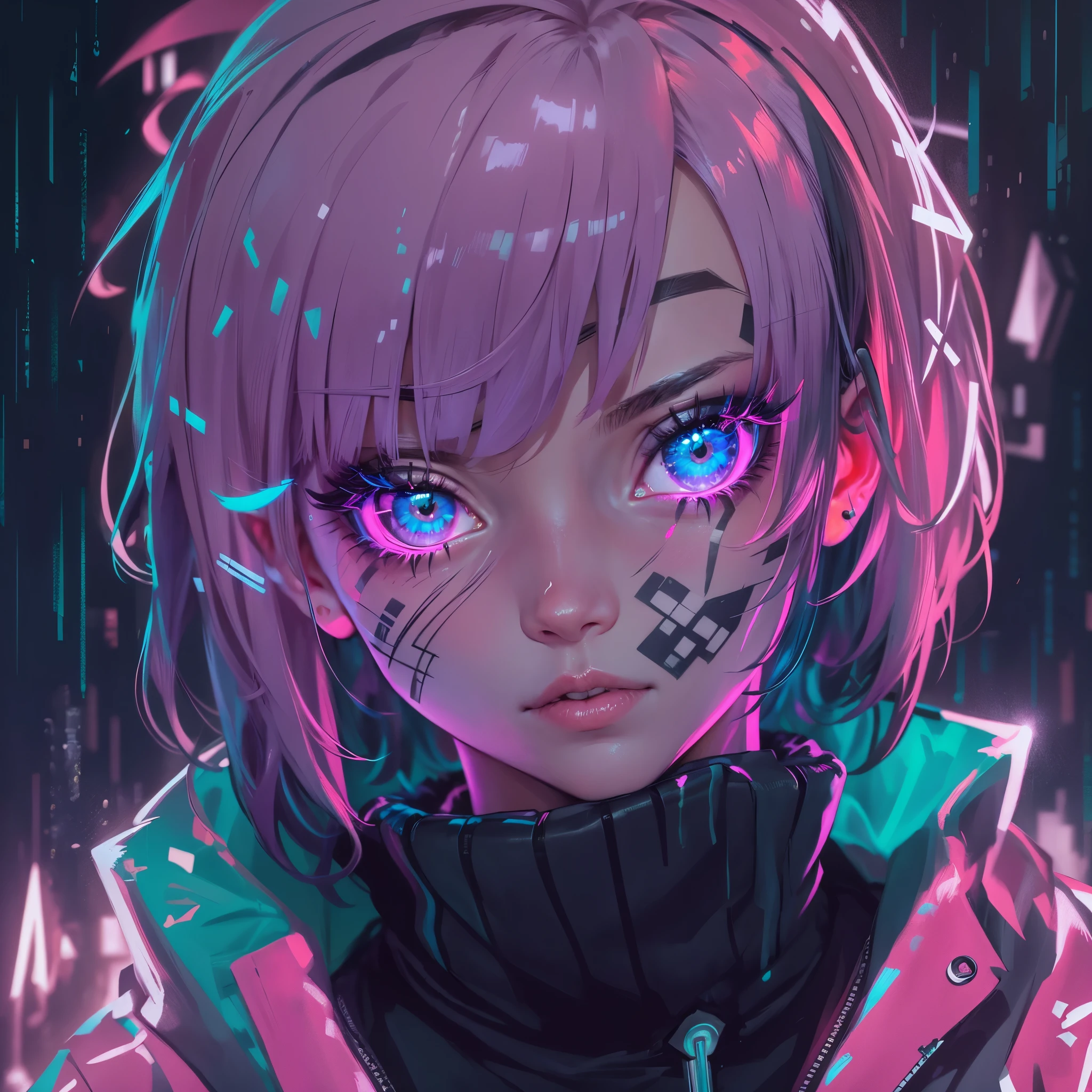 cyberpunk girl, blue eyes, black eyeshadow, pink eyeliner, short hair, pop haircut, rainy, short jacket, neon light