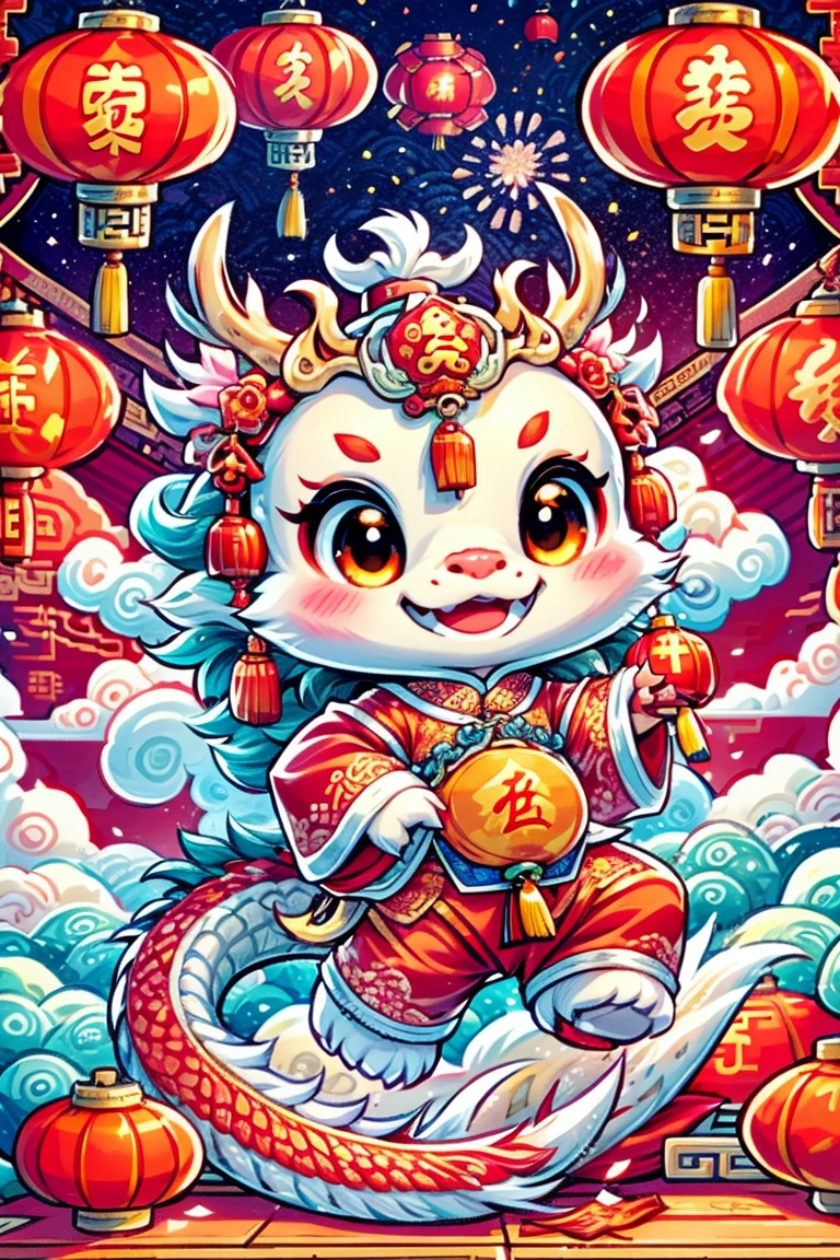 1 Chinese dragon,(China red:1.5),medium shot,Chinese style,chinese palace,Spring Festival,lantern,fireworks,firecracker,flowers,clouds,stone fragment,Beautiful and delicate water,Wood grain flooring,Cute Chinese Dragon,(photography: 1.2)